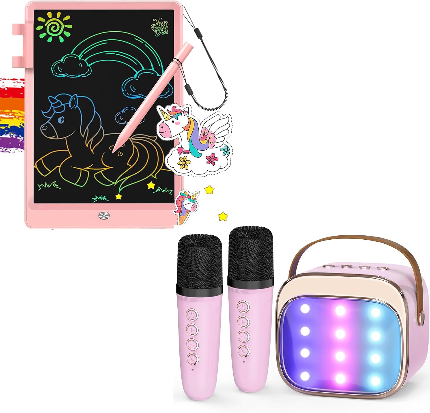 FLUESTON Mini Karaoke Machine for Kids Adults & 10Inch LCD Writing Tablet, Doodle Board Toys Gifts