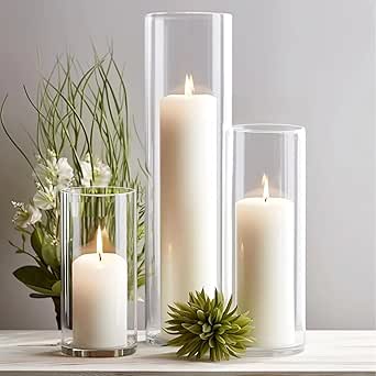 Set of 12 White Pillar Candles with Glass Cylinder Vases Clear Hurricane Glass Candle Holders for...