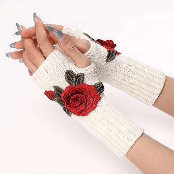 Women Rose Flower embroidery Winter Fingerless Gloves Crotch Knitted Arm Sleeves