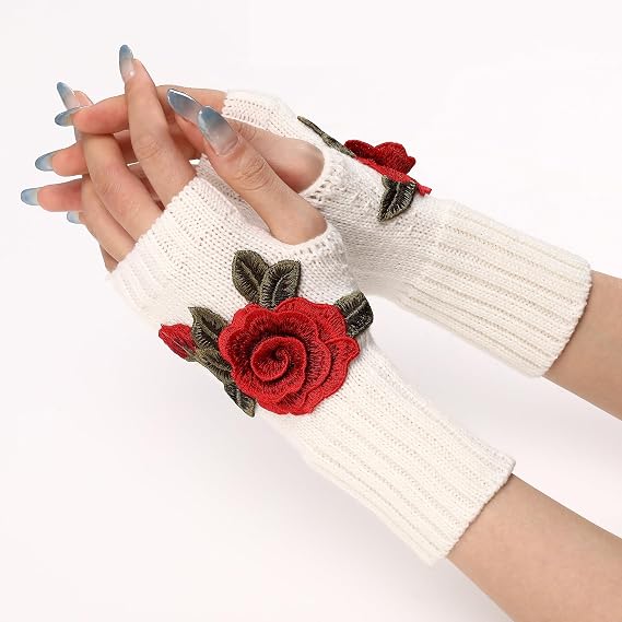 Women Rose Flower embroidery Winter Fingerless Gloves Crotch Knitted Arm Sleeves
