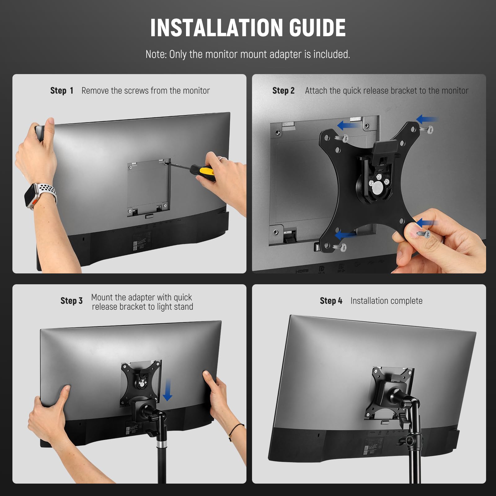 NEEWER MA010 Adapter do montażu na monitorze z szybkozłączką VESA, regulowany 270° metalowy stojak 5/20.3 cm C stojak adapter do ekranu udarowego telewizora zewnętrznego do 43.2-81.3 cm, maksymalne