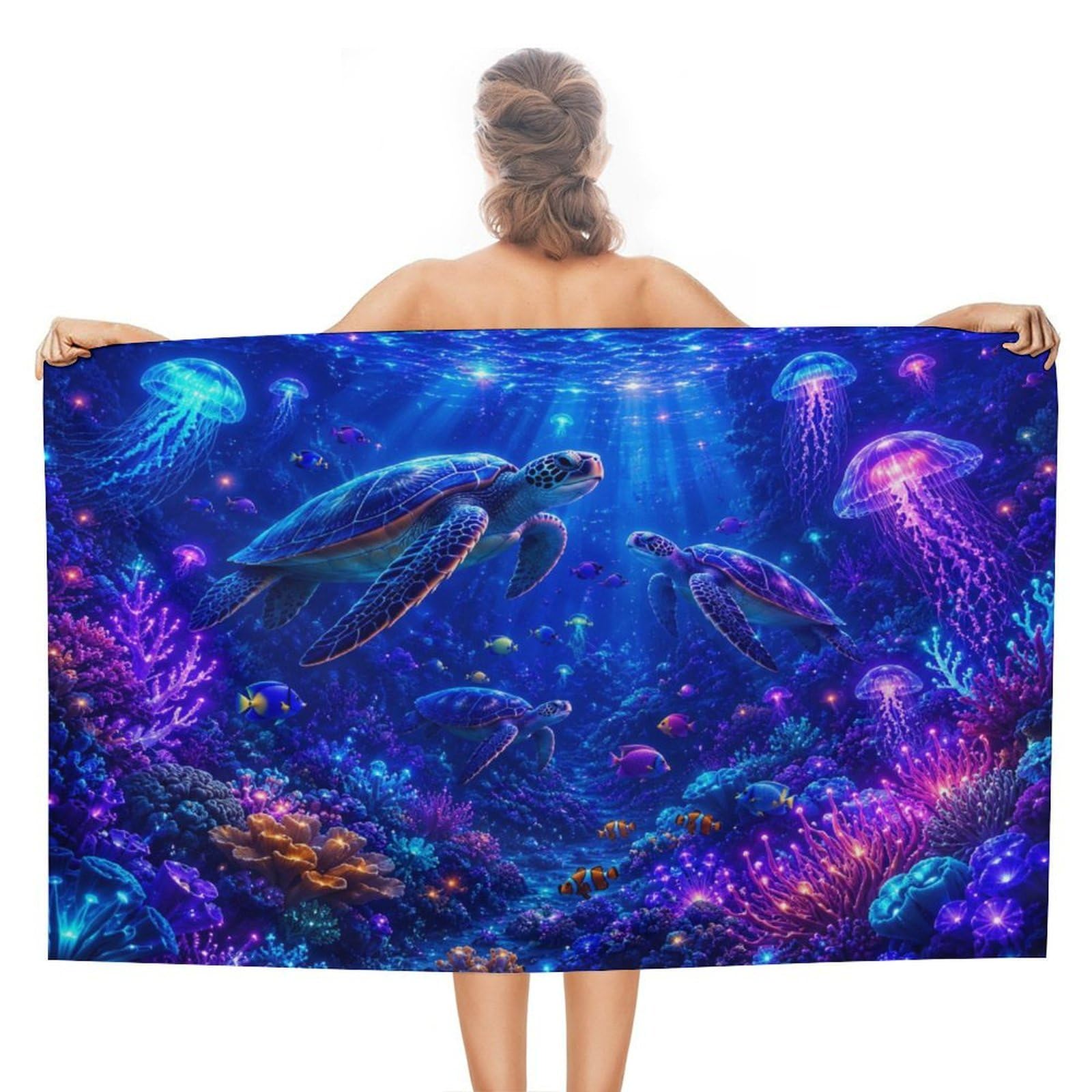Anceky Colorful Sea Turtles and Jellyfish Underwater Scene Oversized Beach Towel Quick Dry Sand Free Microfiber Travel Towel Lightweight Multi Purpose Beach Blanket Pool Gym Bath Towel 51x31 in