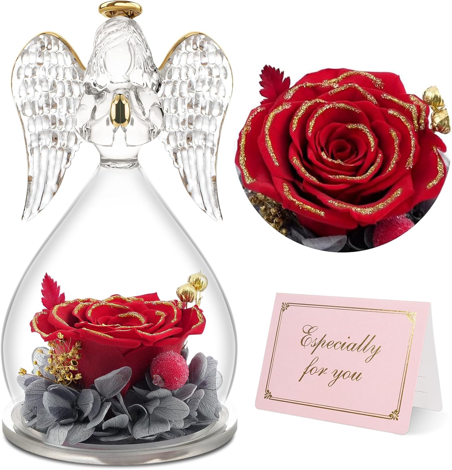 Rose Eternelle sous Dôme Ange, Cadeau Maman, Yamonic Fleurs Eternelles