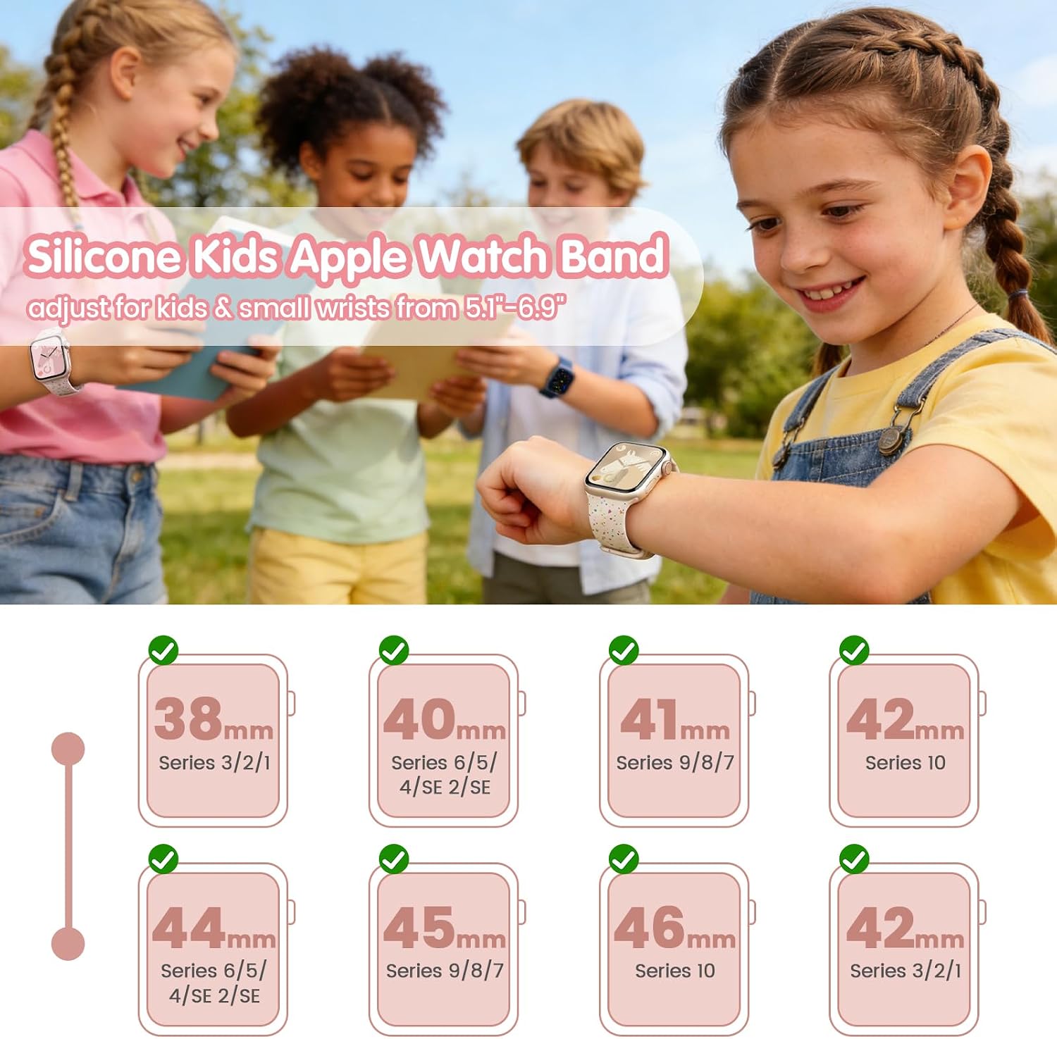 Sport Band Compatible with Kids Apple Watch Band 38mm 40mm 41mm 42mm 44mm 45mm 46mm, Soft Cute Recycled Plastic Silicone Strap for iWatch Series 10 9 8 7 6 5 4 3 SE SE2 SE3 for Boys Girls