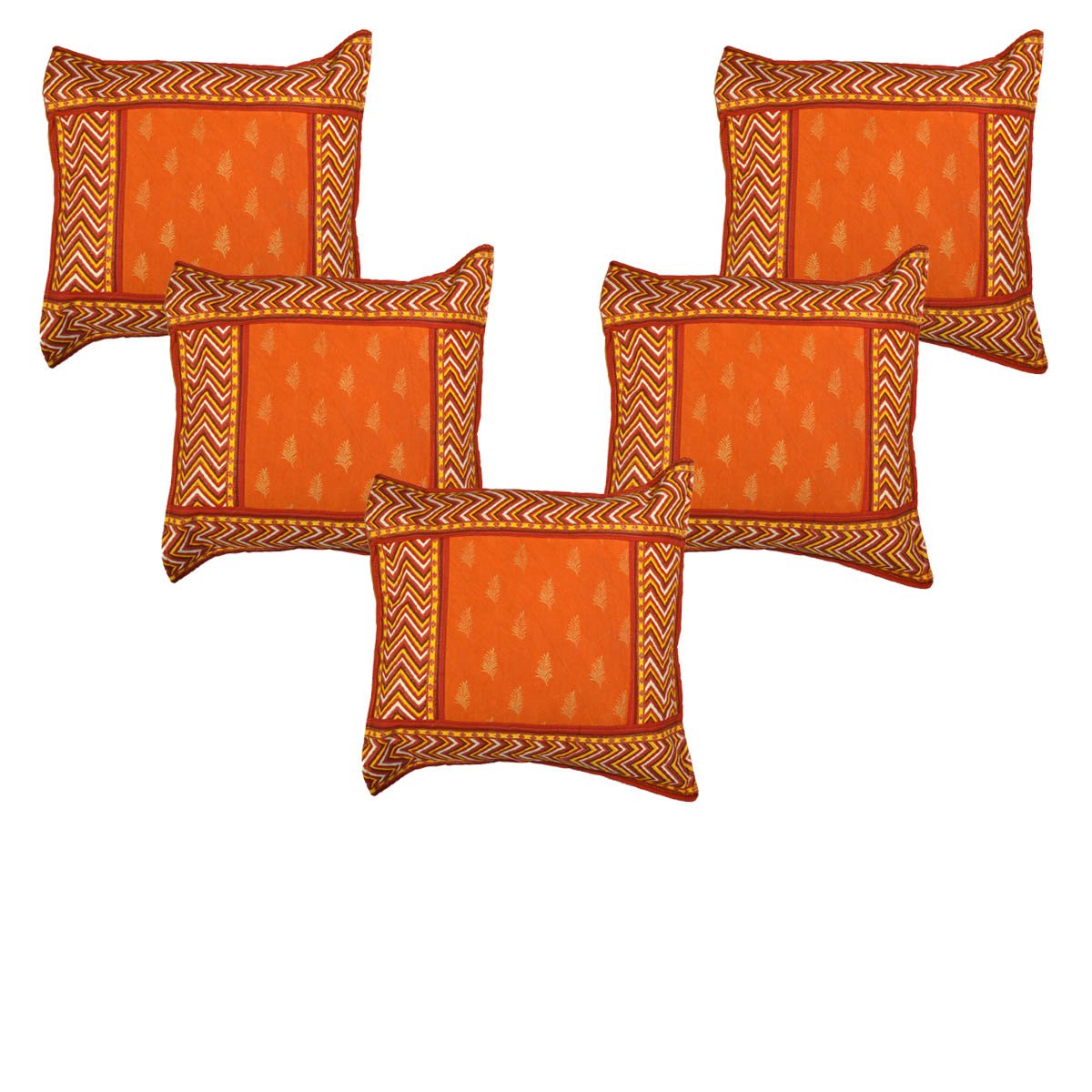 Coussin Jaipuri ethnique orange imprimé main en coton, lot de 5 pièces traditionnelles