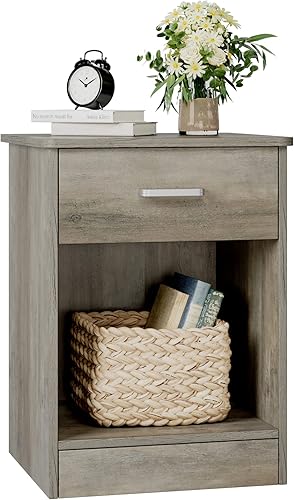 Miniatura 14 de FOTOSOK - Mesita de noche, mesa auxiliar de 2 niveles con cajón y estante de almacenamiento, mesa de noche, mesa auxiliar moderna para dormitorio,