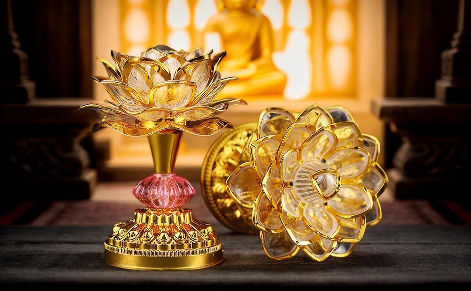 2Pack - Colorful LED Lotus Buddhist Lamp, Built 13 Buddhist Songs, Gradient Buddha Light for Worship, Prayer and Display, Low Power Consumption, Eco, Buddhist Supplies - Gold