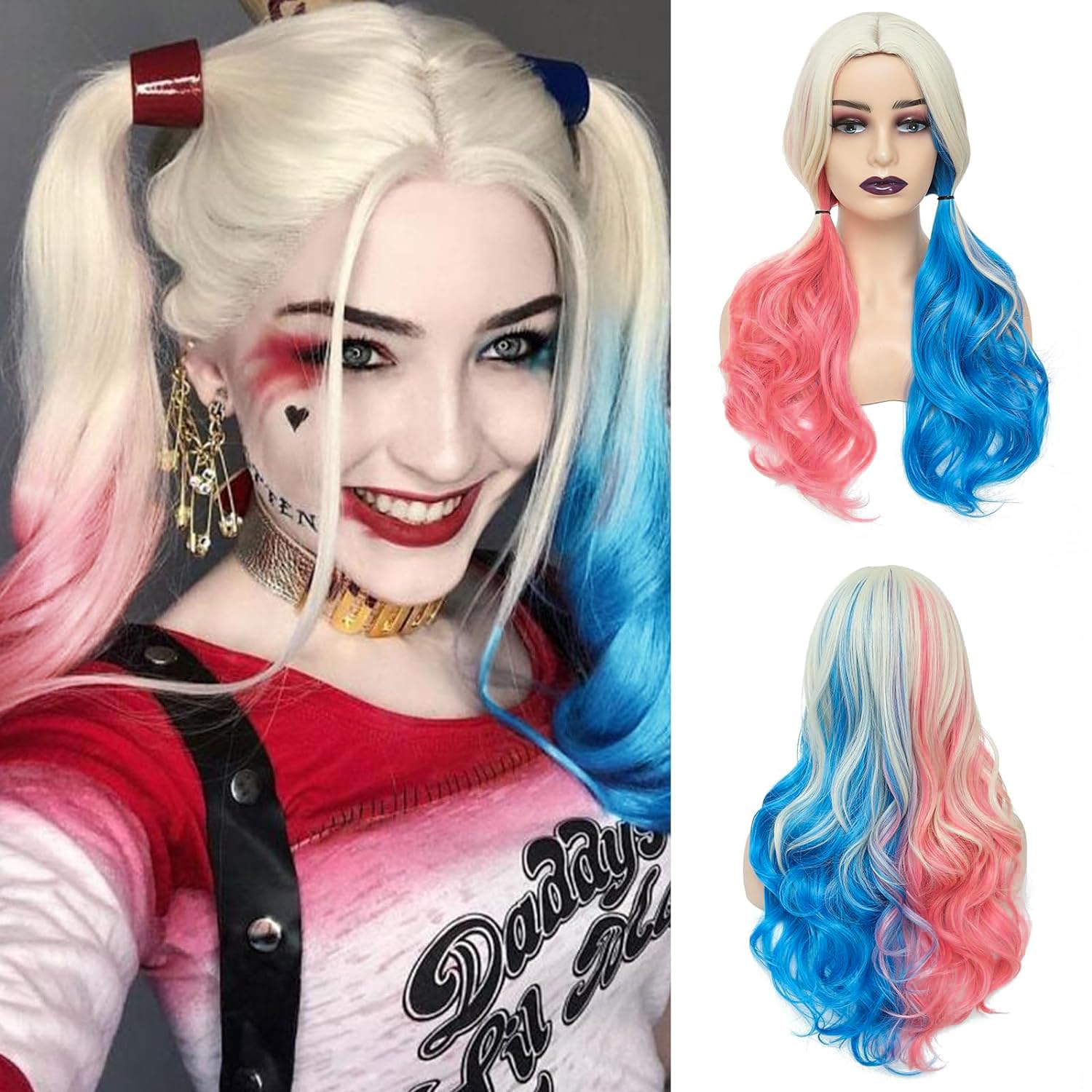 PORSMEER Pink and Blue Long Curly Wigs for Women Cosplay Halloween Party Show Daily use Wig synthetic fibers Women Suicide Squad Harley Quinn Wig (Harley Quinn)