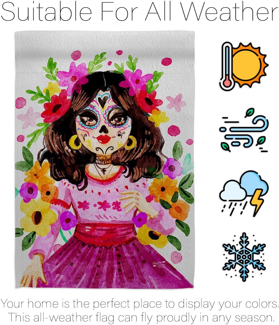 La Catrina House Flag Falltime Day of Dead Dia De Los Muertos Fiesta Mexican Party Autumntime Decoration Banner Small Garden Yard Gift Double-Sided, Made in USA
