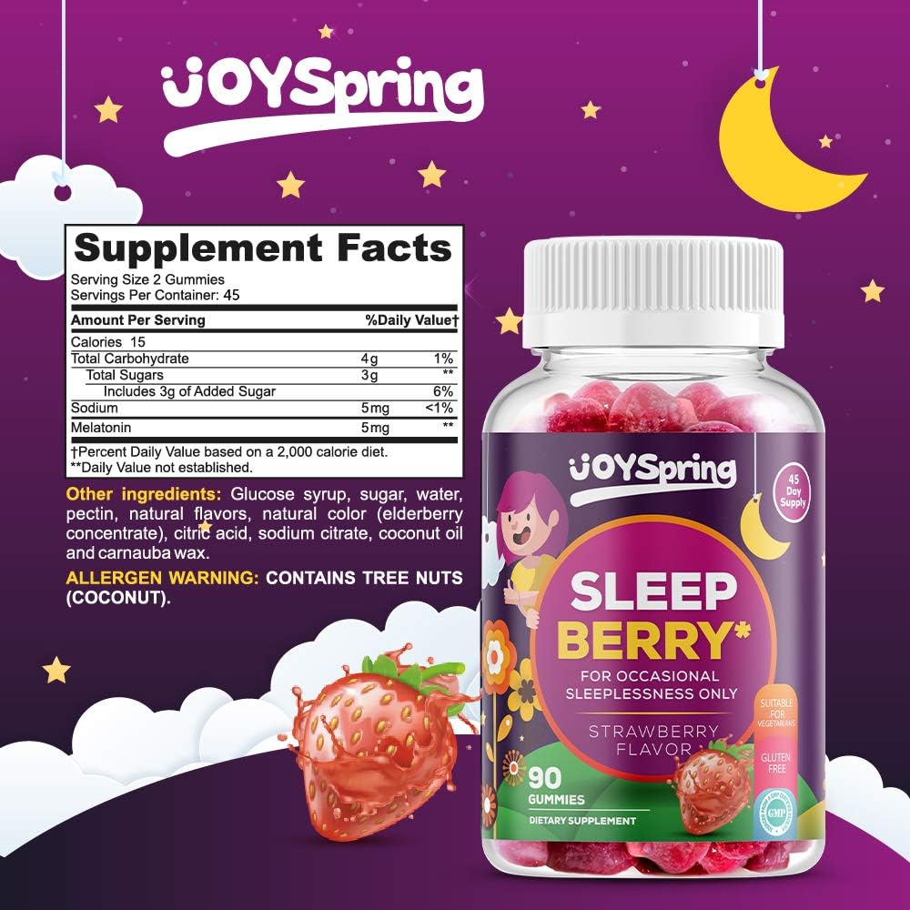 JoySpring SleepBerry Melatonin Gummies - Strawberry Gummies for Sleep Support, Melatonin Gummy for Adults, Sleep Gummies, Sleep Support & Calm Aid