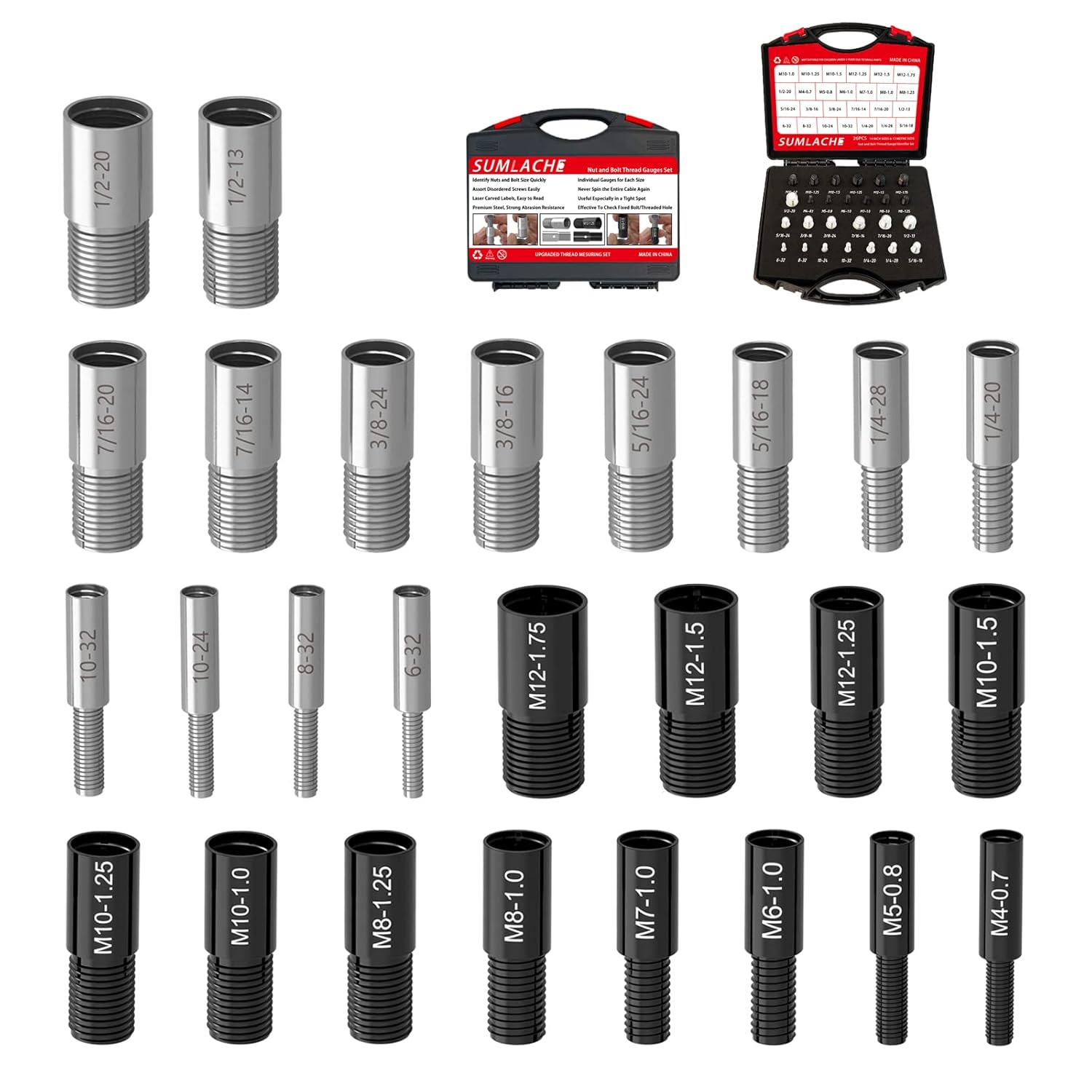Nut & Bolt Thread Checker (Inch & Metric), 14 Inch & 12 Metric Nut and