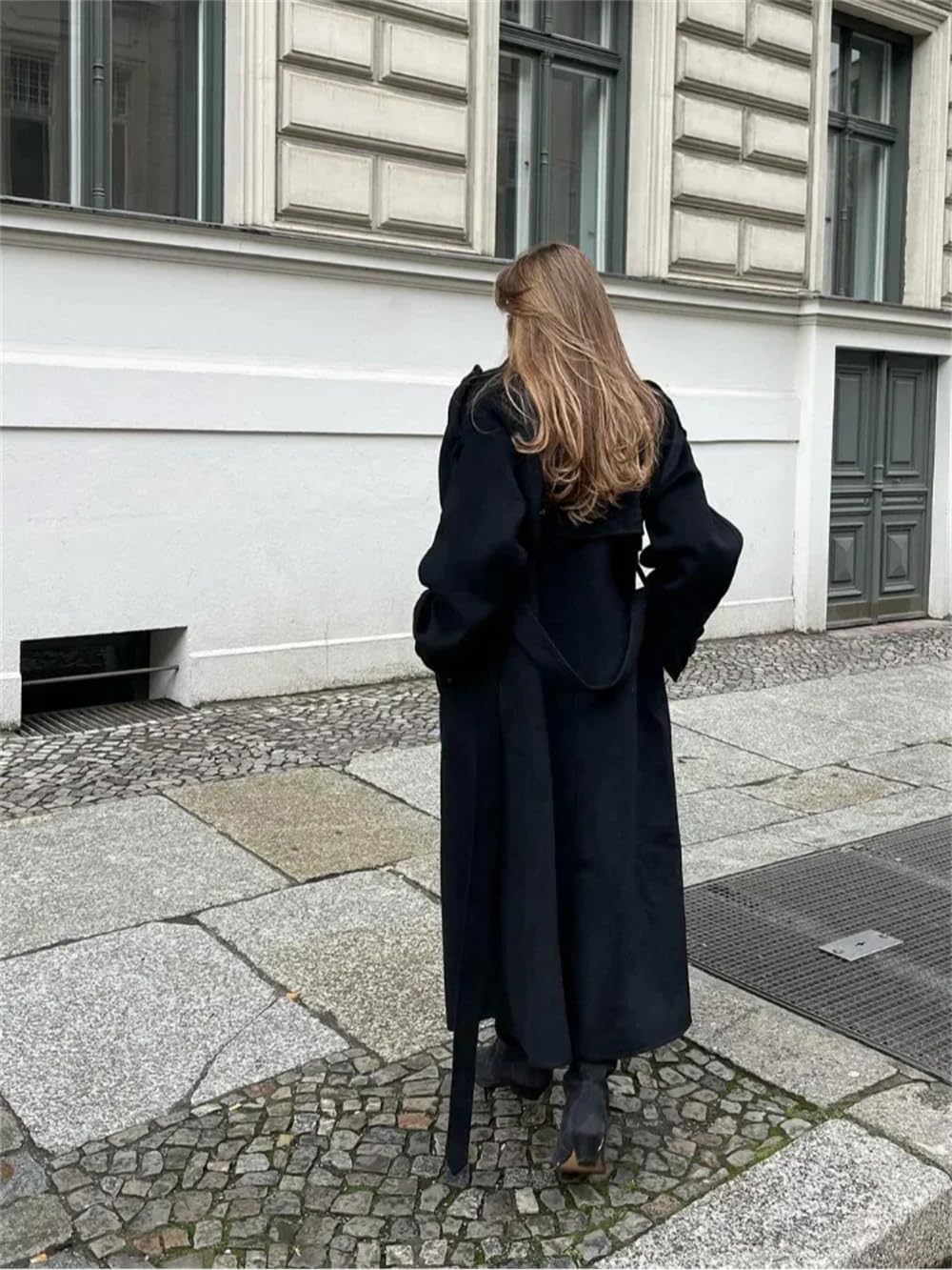 Adhdyuud Abrigo de lana de longitud media para mujer, holgado, doble botón, manga larga, solapa con cinturón