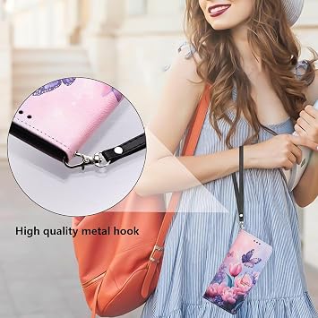 Wallet Flip Case for Tecno Pova 7 Ultra 5G PU Leather Pink Buterfly Flower Folio Case for Woman Handbag Pocket Card Slots Wrist Strap Phone Full Body Cover for Tecno Pova 7 Ultra 5G