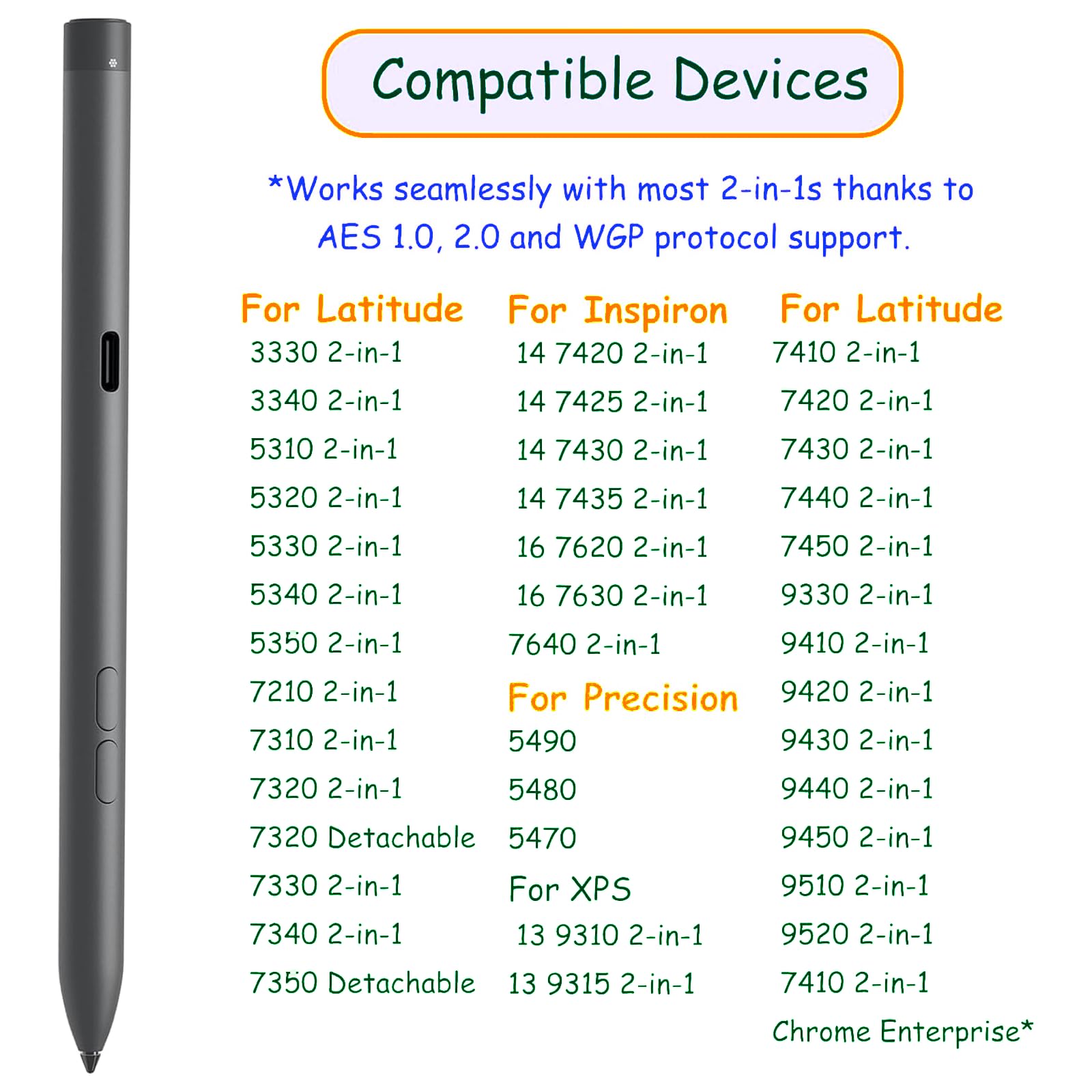 Active Pen PN7522W per Dell PN7522W Premier, penna attiva ricaricabile, stilo attivo per PN5122W per laptop Dell 2 in 1, Latitude 3340 5310 7210, per Inspiron 7420 7425, XPS (nero)