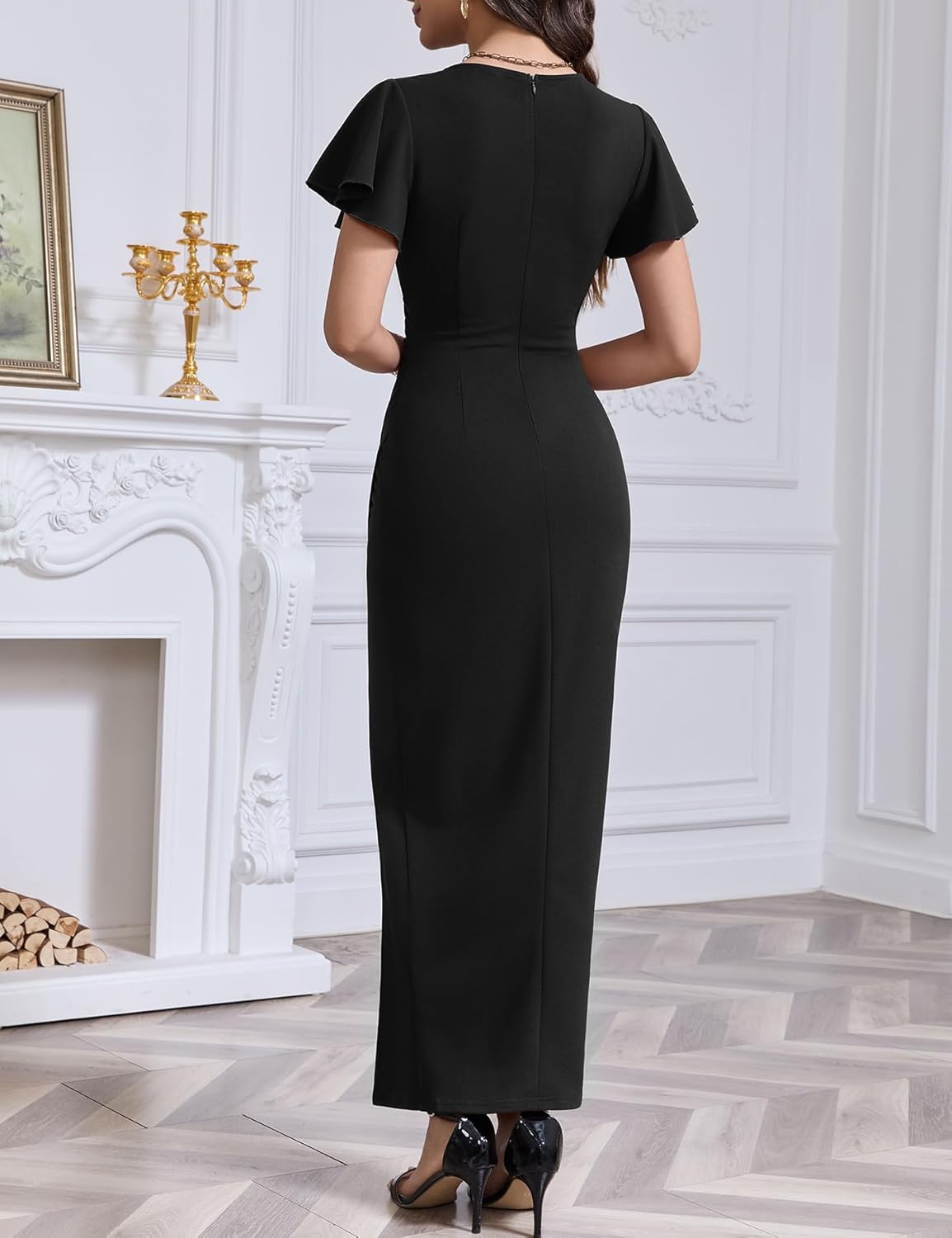 OWIN 2026 Women's Sexy V Neck Faux Wrap Ruffle Sleeve Bodycon Ruched Side Slit Cocktail Wedding Guest Party Maxi Dress