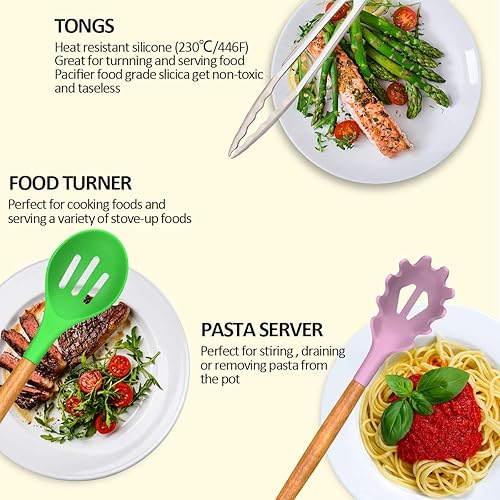 Miniatura 3 de Umite Chef Juego de utensilios de cocina de cocina, 33 piezas antiadherentes de silicona, juego de espátulas con soporte, mango de madera, juego de