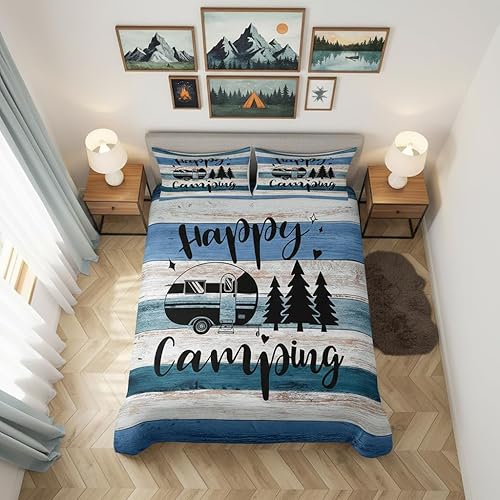 Juego de ropa de cama Happy Camping para niños, funda de edredón estilo granja occidental con cierre de cremallera, juego de ropa de cama de pintura
