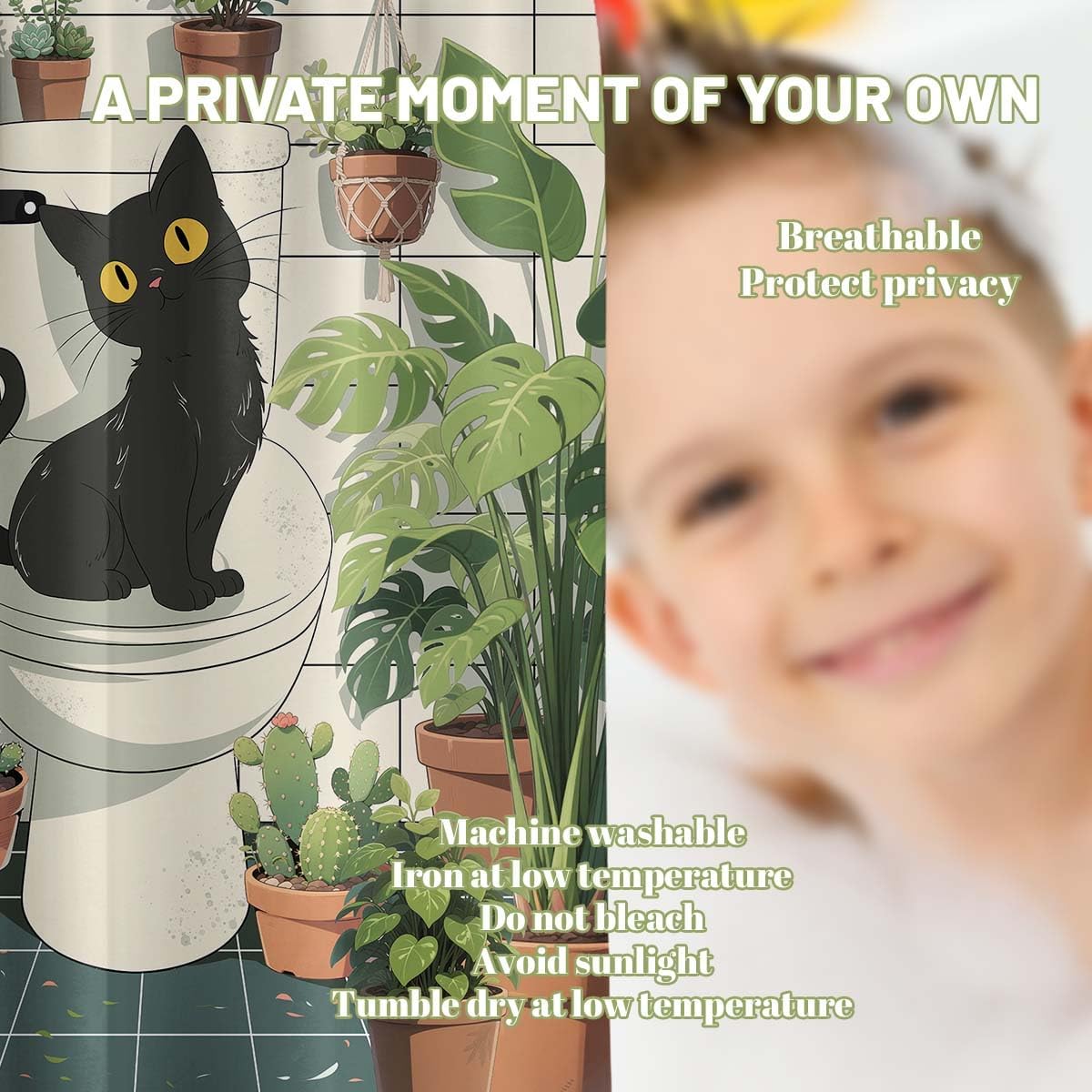 Plant Shower Curtain Botanical Green Leaf Funny Black Cat Shower Curtains for Bathroom Decor Sets, Waterproof Cloth Fabric with Hooks, 70x72 Inch