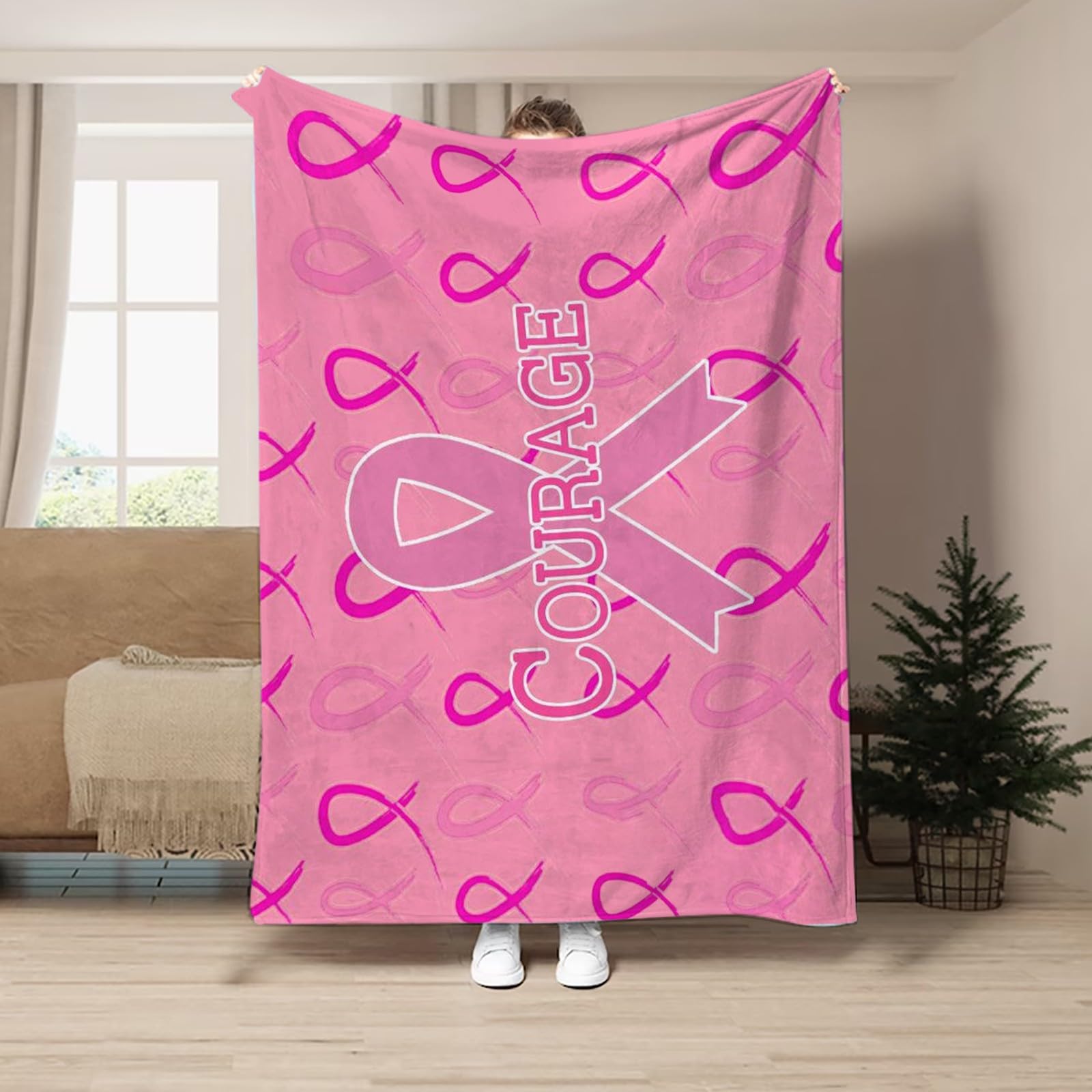 Couverture Octobre Rose En Flanelle - Avec Ruban Rose - Pour Canapé Ou Lit - Sensibilisation Cancer Du Sein