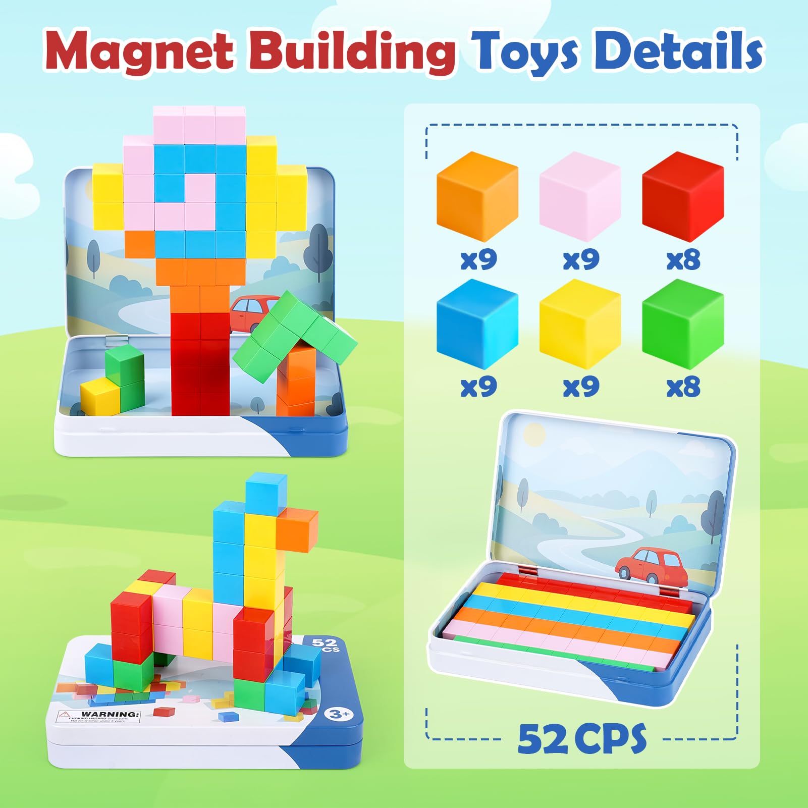 Dreamon Mini Magnetische Bausteine 52PCS Magnetic Building Blocks mit Blechdose Magnetische Bausteine Reiseset für Kinder Montessori Spielzeug Geschenk ab 3 4 5 6 Jahre Mädchen Junge