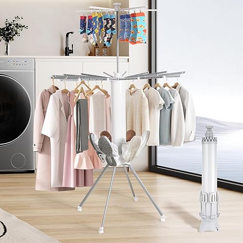 Miniatura 8 de Estante de secado de ropa plegable de 4 patas, soporte portátil para lavandería con 20 clips y soportes para zapatos, estante doble de metal