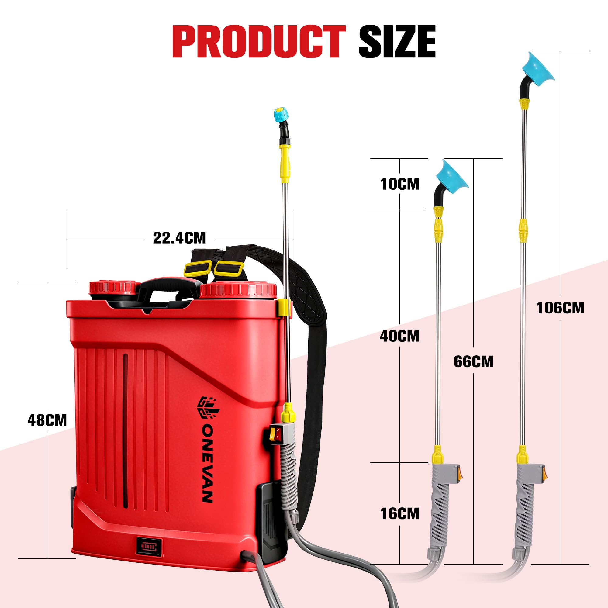 ONEVAN Pompa a Spalla Elettrica 20L, Irroratrice a Batteria, 2x3,0Ah, Funzione Agitatore, 5 Ugelli & Lancia Telescopica, Spruzzatore Wireless per Giardino, Agricoltura, Trattamento Piante