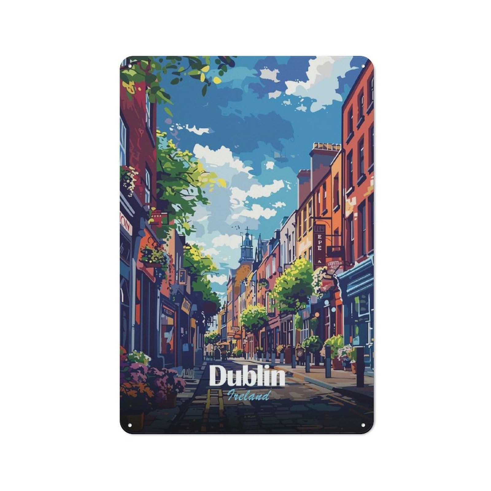 Junmoney Style-18 Dublin, Ireland Street View Illustration Retro Tin Wall Plaque 30X20cm For Hobby Room Or Studio, For Garage, Workshop And Man Cave Decoration