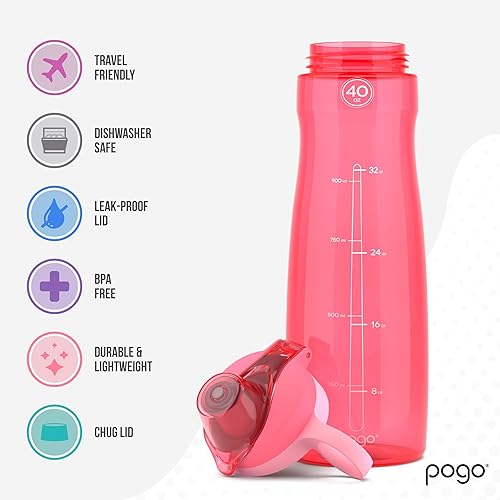 Miniatura 3 de Pogo Botella de agua de plástico sin BPA con tapa de chug, rosa, 40 onzas