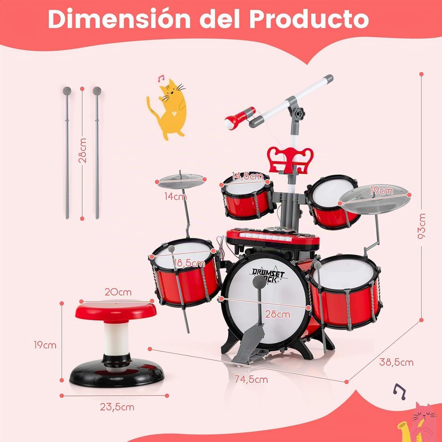 GOPLUS Juego de Batería Infantil con Taburete, Batería de Jazz Juguete Musical con Teclado de 8 Teclas, 1 Micrófono, 2 Baquetas, Conector MP3, Instrumento de Percusión para Niños 3+ Años