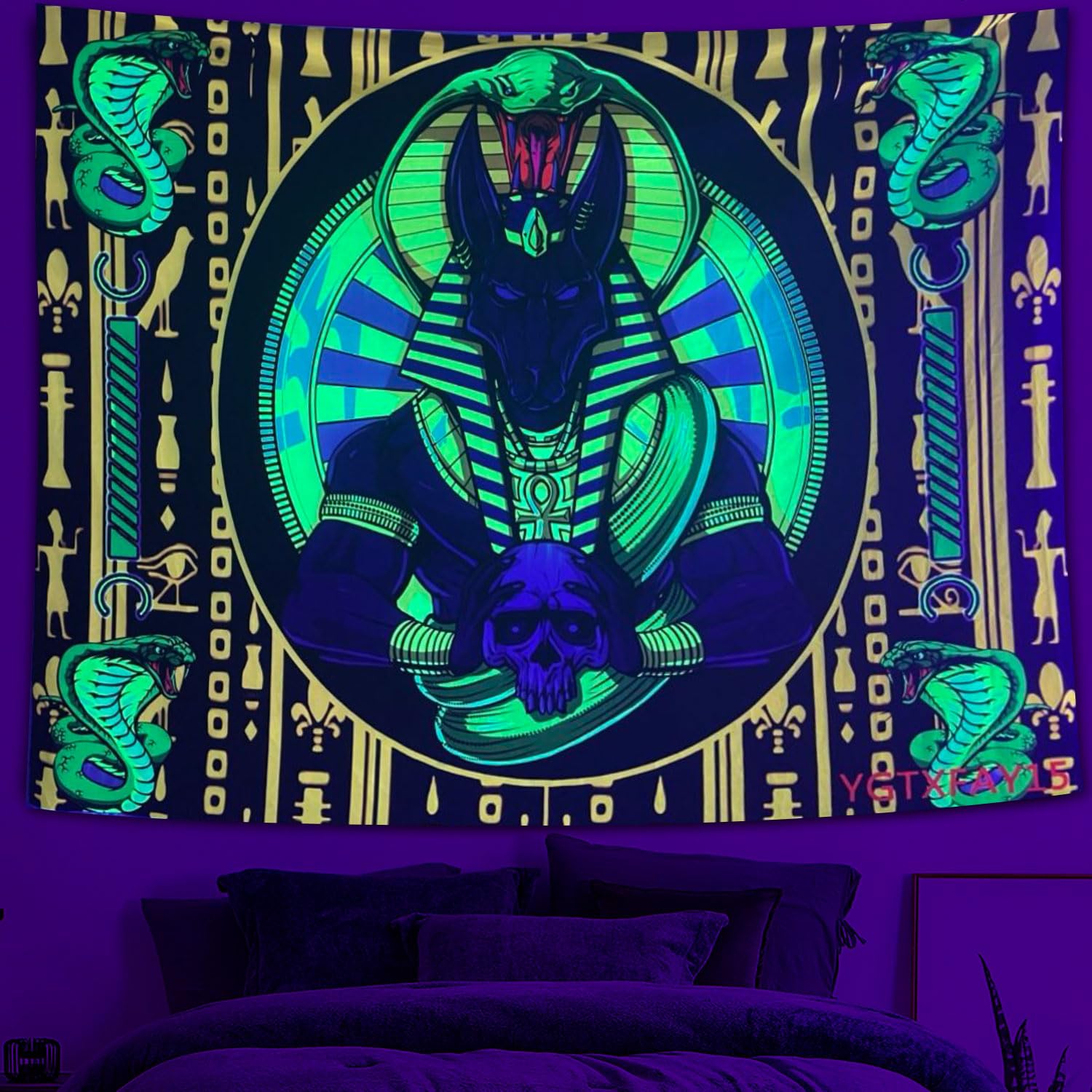 FEASRT Blacklight Ancient Egyptian Tapestry, Anubis Egyptian Fresco Hieroglyphic Art UV Reflection Tapestry, Glow in Dark, 80x60 Inch Trippy Abstract Backdrop Household Wall Hanging Decor YGTXFAY15
