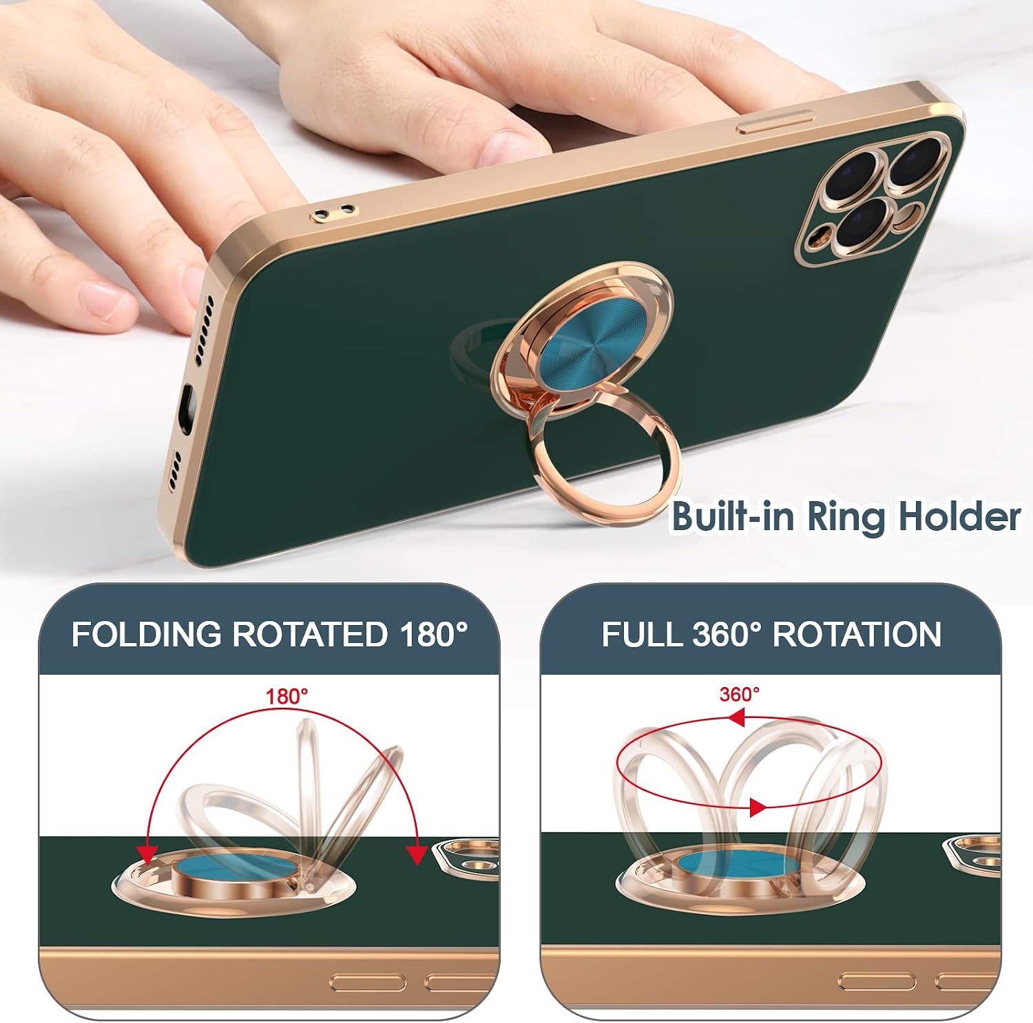 Hython Case for iPhone 11 Pro Max Case with Ring Stand, Plated Rose Gold Edge 360° Rotatable Ring Holder Magnetic Kickstand Cover, Slim Soft TPU Electroplate Luxury Protective Phone Case, Green