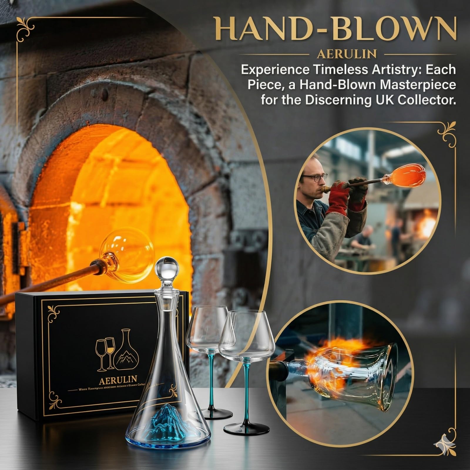 1150ml Carafe à Vin avec 2 Verres à Pied Bleu et Bouchon, Décanteur à Vin Rouge en Cristal Sans Plomb avec Montagne 3D, Coffret Cadeau Luxe pour Anniversaire et Mariage
