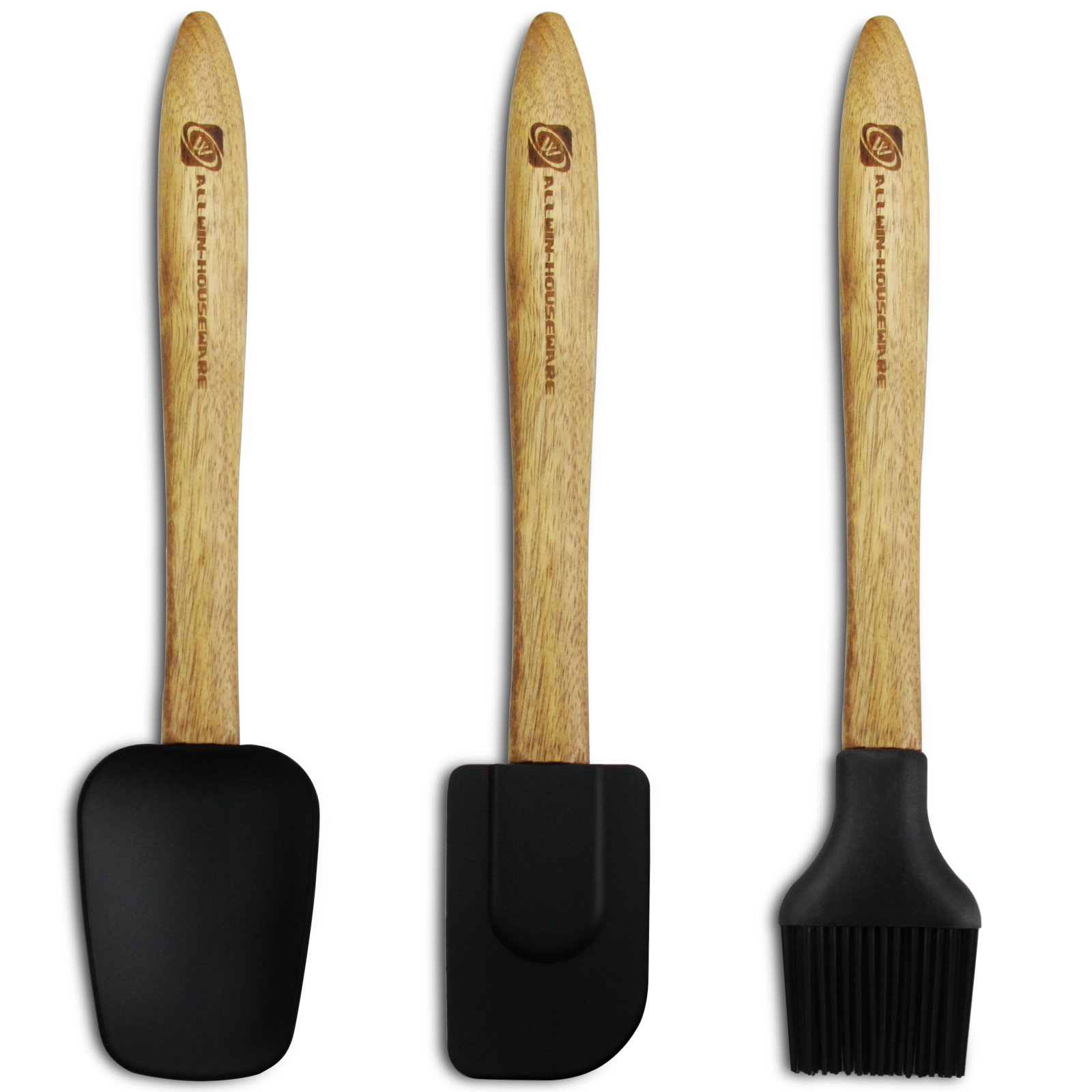 Brush Spoonula Spatula, 3 piece Heat Resistant Non-Stick Silicone Rubber Kitchen Utensils Set with ACACIA Wood Handle, Black