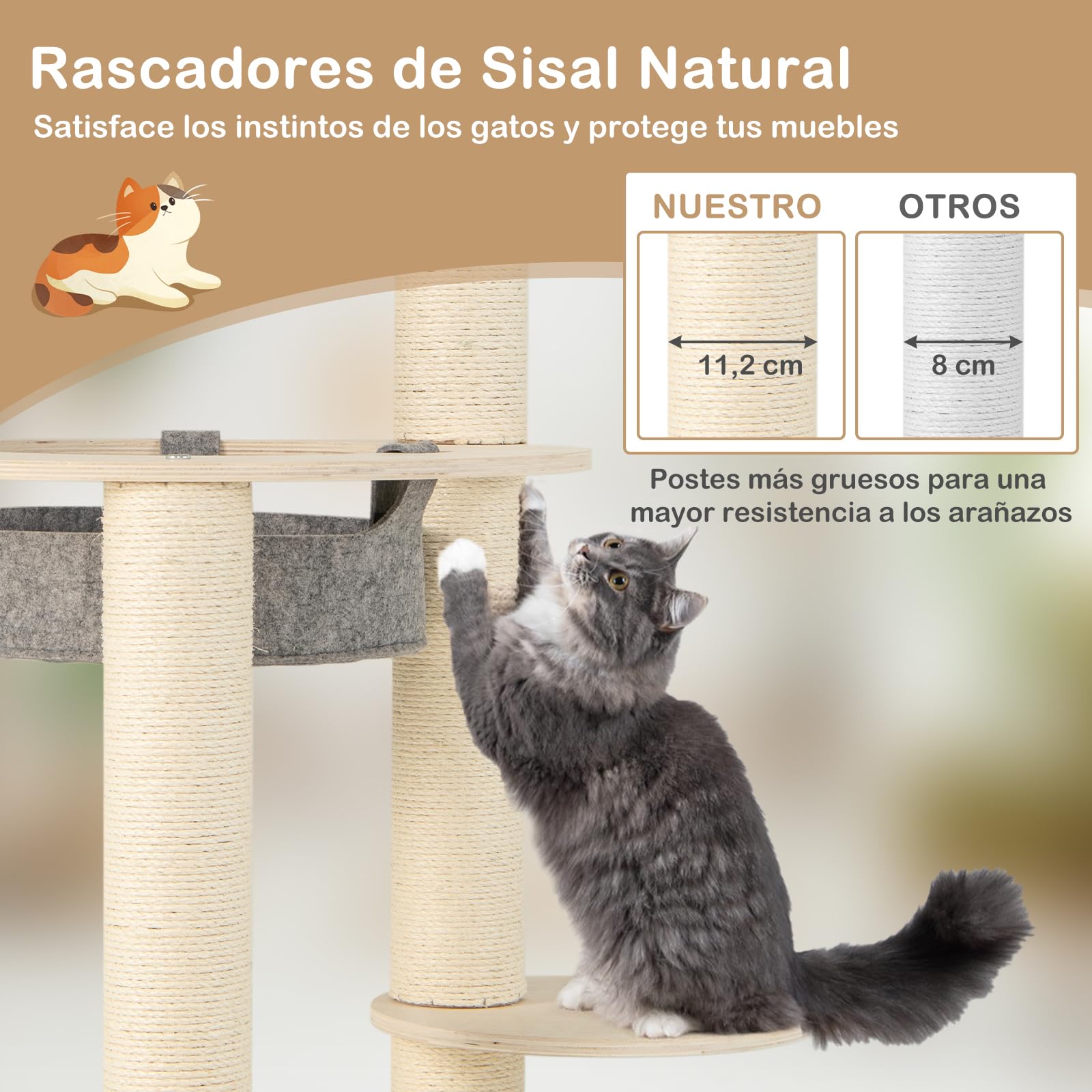 GOPLUS Árbol para Gatos de Varios Niveles de 150 cm, Torre de Madera para Gatos con Percha Superior Acolchada, Hamaca, 3 Plataformas y Postes rascadores de sisal, 66 x 66 x 150 cm