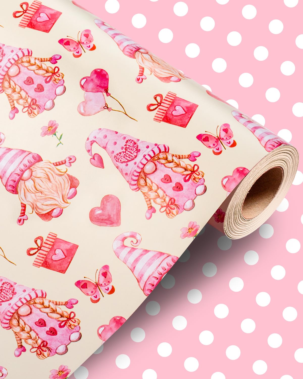 Wikadlik Geschenkpapierrolle mit süßem Zwerg – Rosa Herz Polka Dots Design Geschenkpapier für Valentinstag, Jahrestag, Muttertag, Hochzeit – 43 cm x 10 m