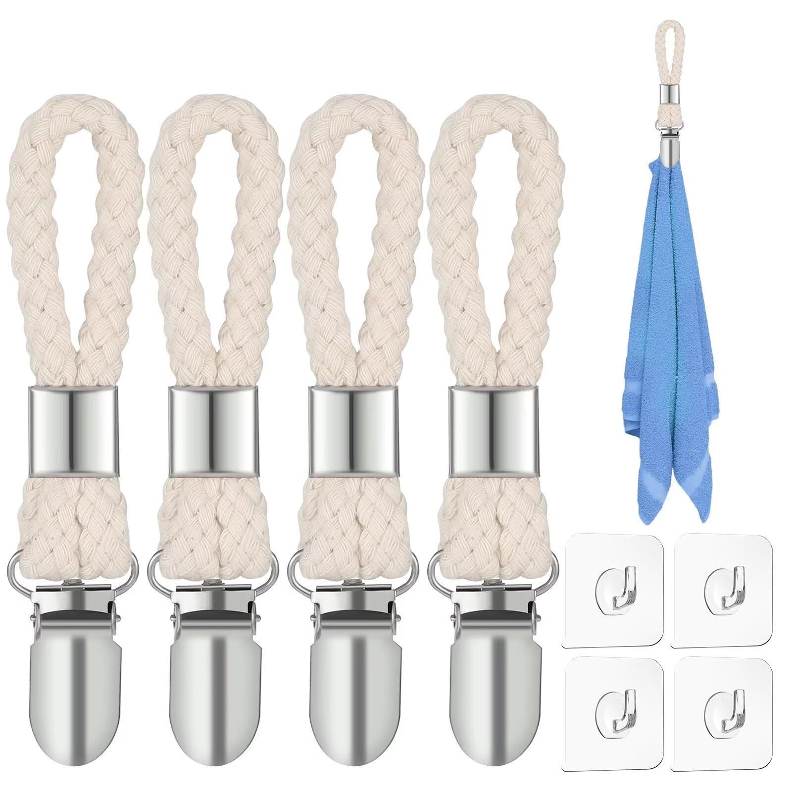 WOLMIK 4 Pcs Hanging Tea Towels Clip, Metal Kitchen Towels Clips with Hanging Loop Cloth Hook Clip Hangers for Home Kitchen Bathroom Cupboards Cloth Hanger Holder Brackets-Braided Cotton Loop