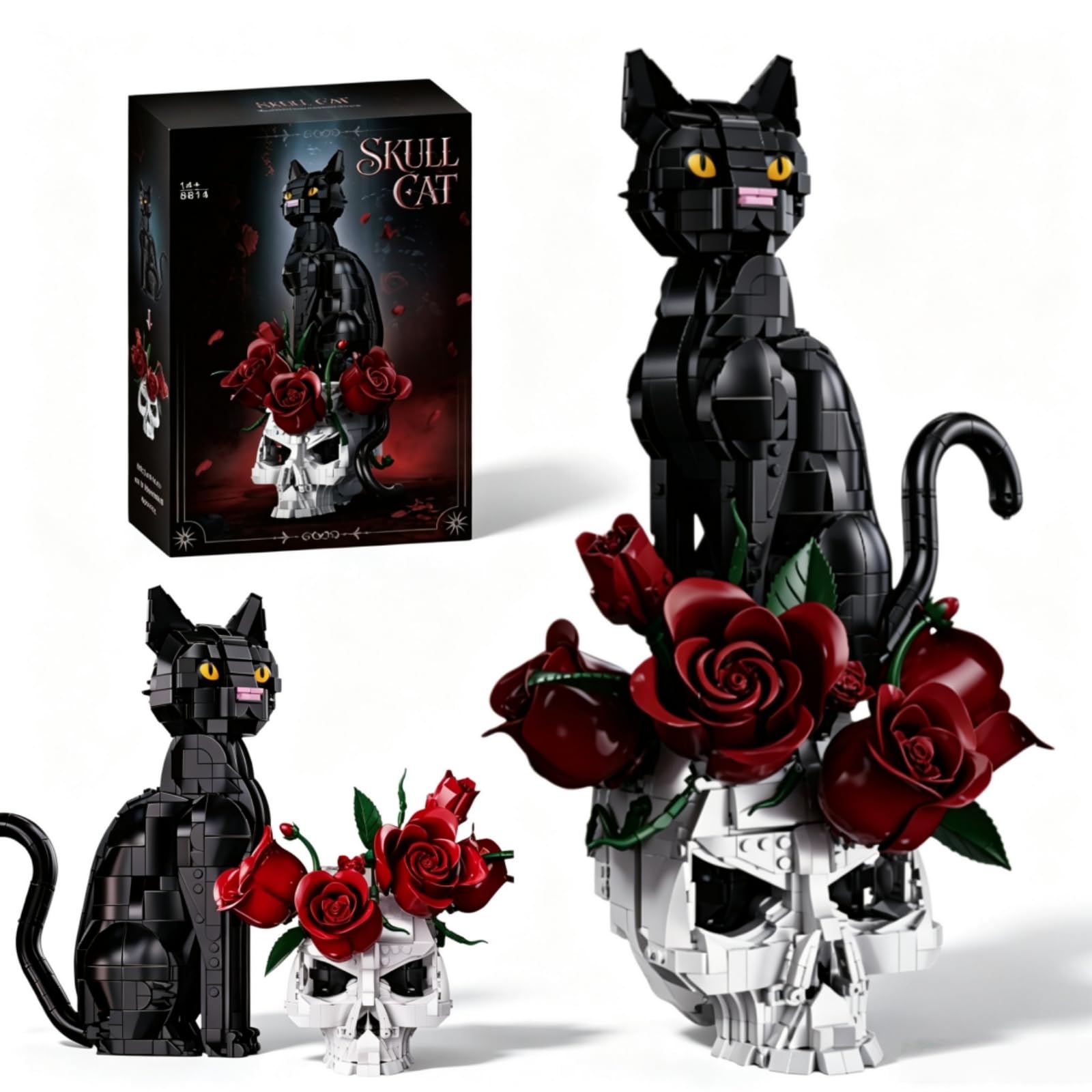Skull Cat & Flowers Building Set, Gothic Decor with Black Cat, Roses, Skull