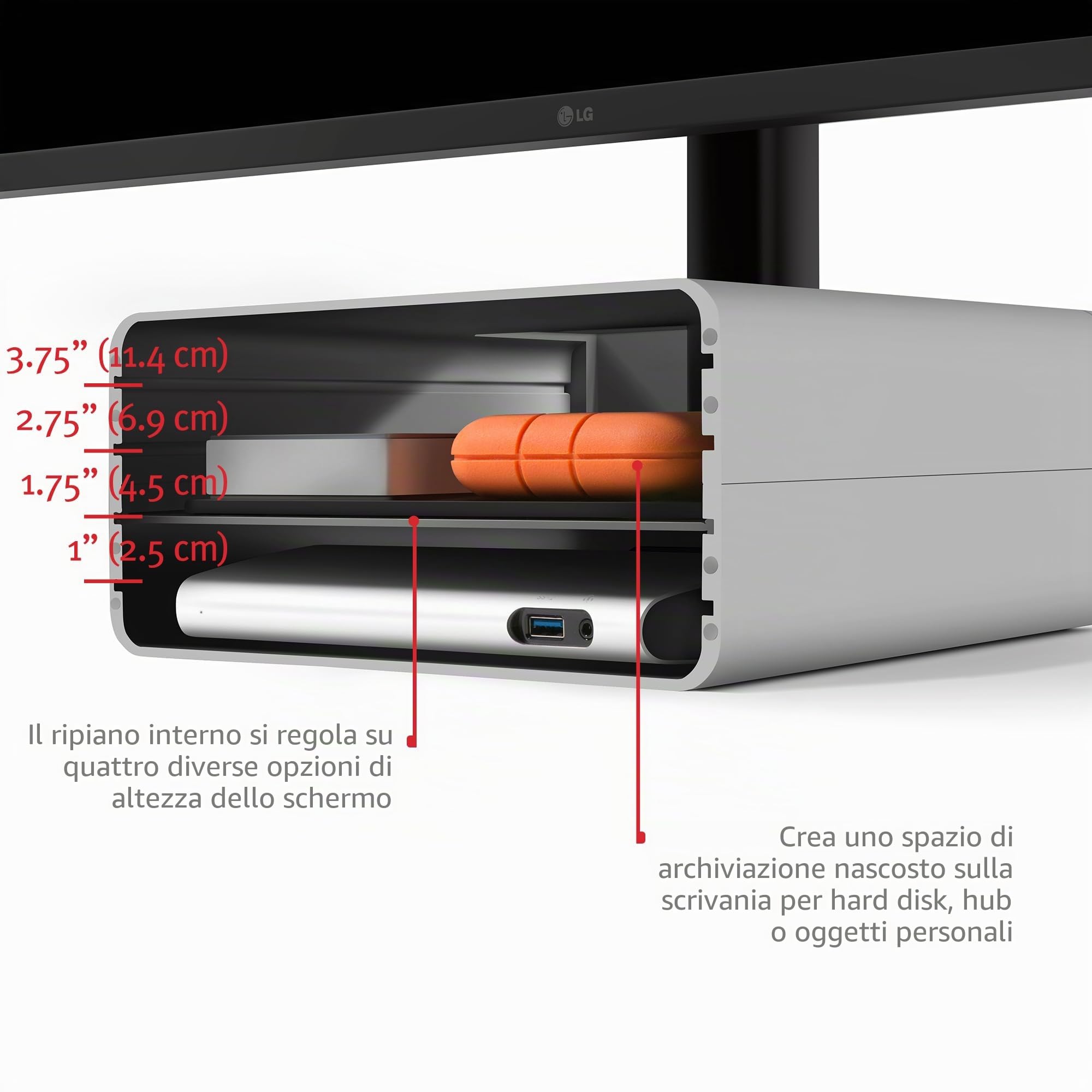 Twelve South HiRise Pro - Supporto regolabile per monitor con contenitore, supporto regolabile per monitor esterni, iMac, PC, Dell, LG, organizer da scrivania, argento
