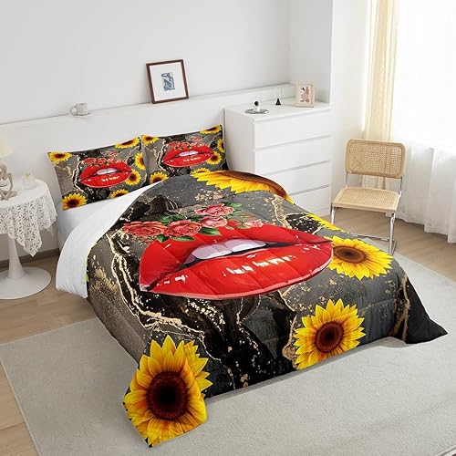 Miniatura 5 de Manfei Juego de edredón sexy de labios rojos, tamaño Queen, juego de edredón de girasol amarillo con 2 fundas de almohada, juego de ropa de cama de