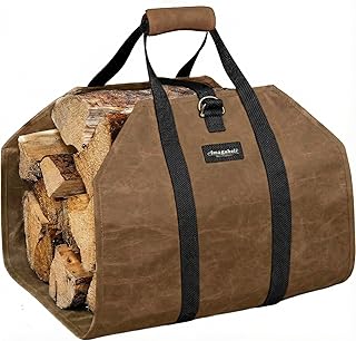 AMAGABELI GARDEN & HOME Firewood Carrier Waxed Canvas Firewood Bag Heavy Duty Large Fireplace Carrier Durable Log Tote Fire Wood Carring Bag with Handles Wood Sling Holder Cabin Stove Accessories