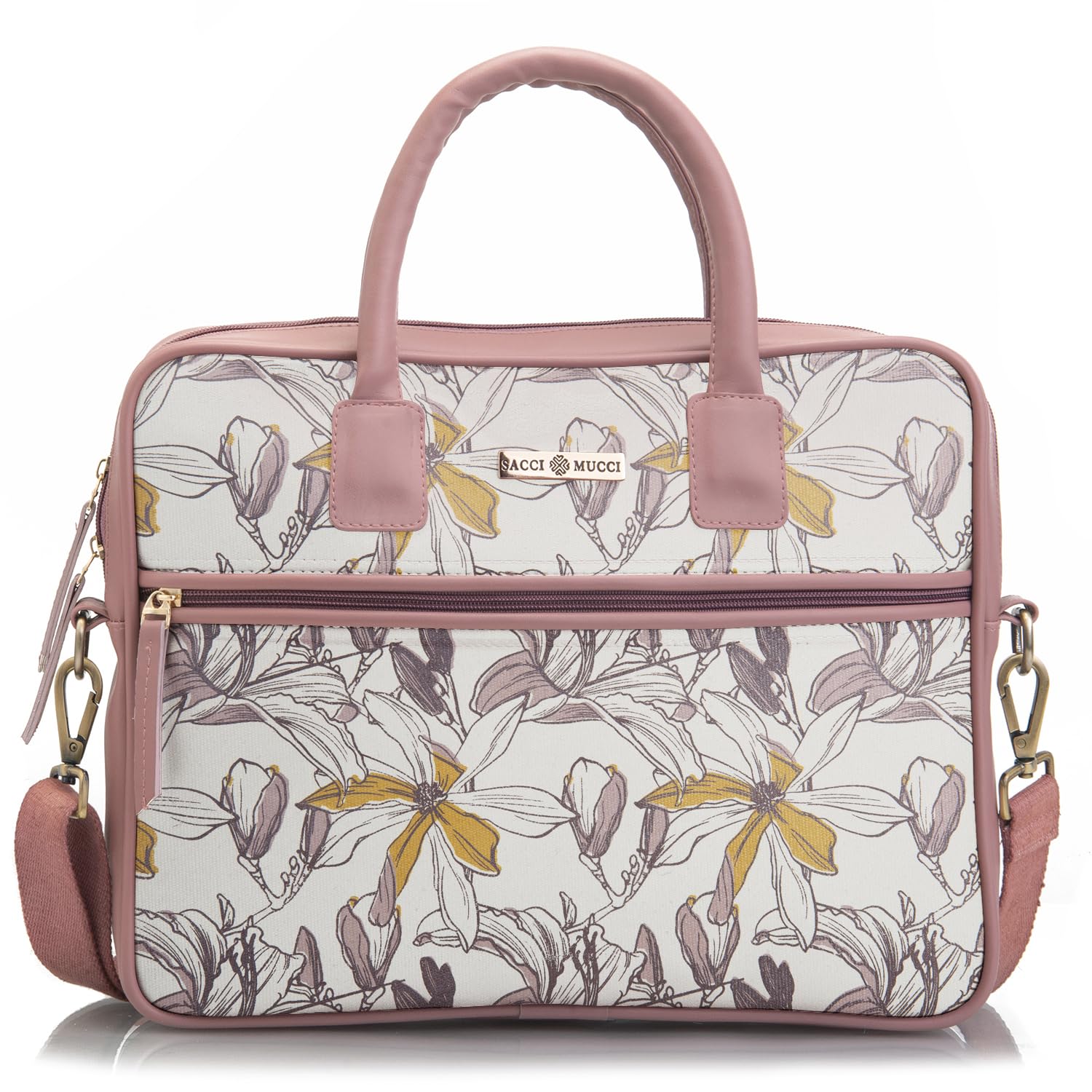 SACCI MUCCI Women Printed Vegan Leather 14" Laptop Messenger Handbag/Sling Bag-Magnolia Floral Print (Blush) (B0CMJLKGJH) Amazon Price History, Amazon Price Tracker