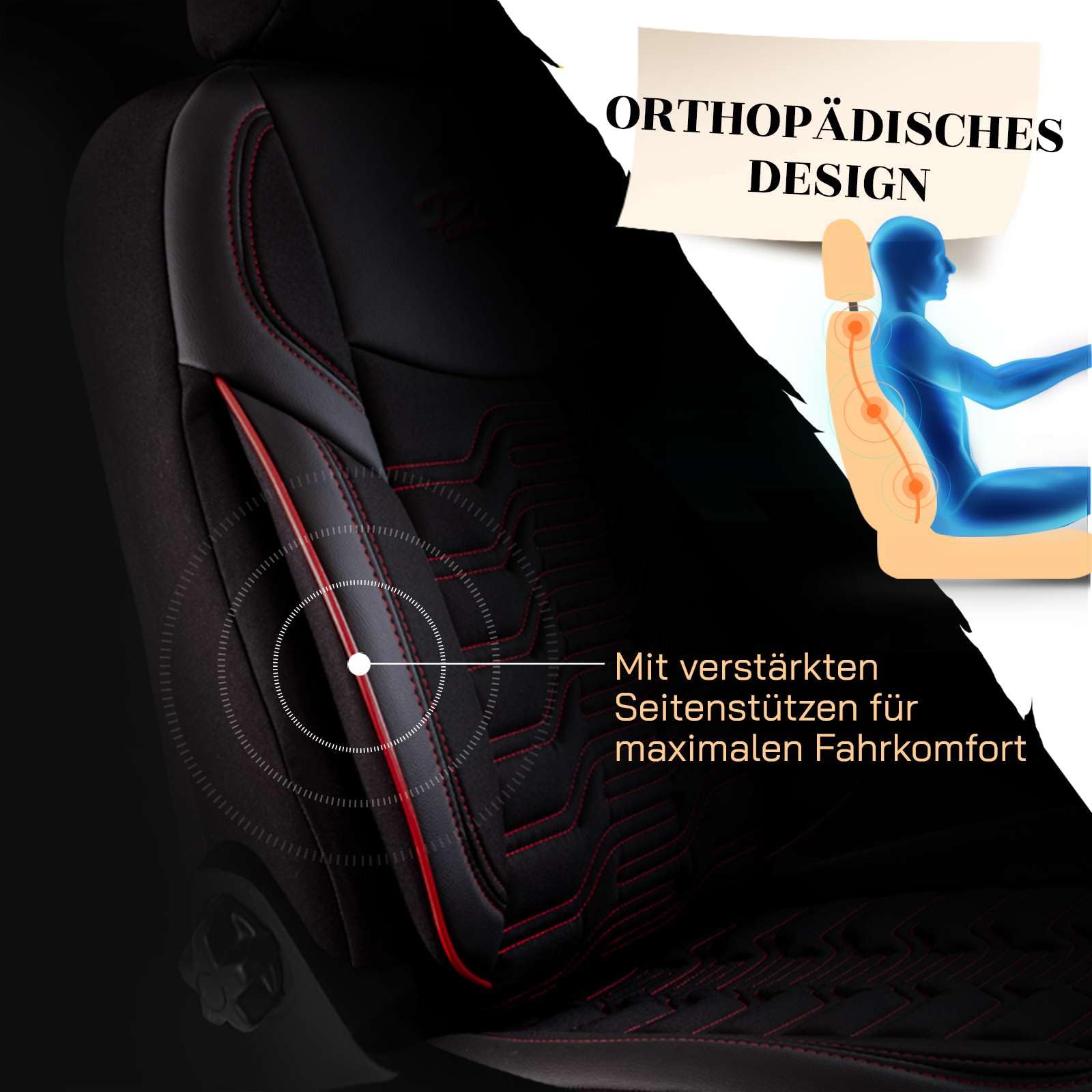 Autositzbezüge Universal – Premium Autozubehör Innenraum für PKW & SUV – Jacquard Sitzauflage, Autoschonbezug Auto, Airbag-kompatibel, Schwarz-Rot, Vordersitz-Set inkl. Montageset