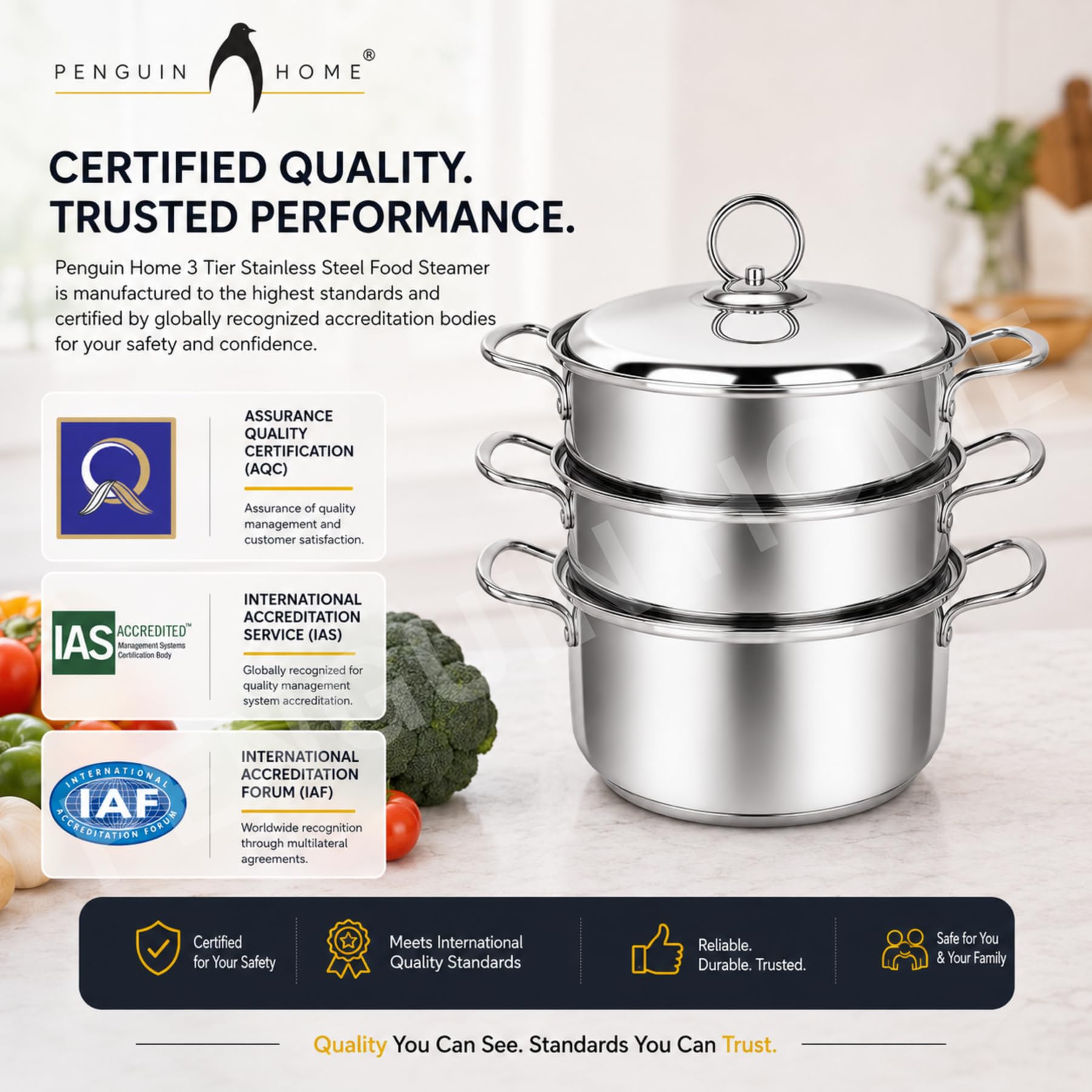 Penguin Home® Set per cottura a vapore a 3 livelli 3 litri 20 cm | Cassaforte a induzione | Piroscafo per alimenti a tre livelli in acciaio inossidabile |Piroscafo da cucina per cucinare |