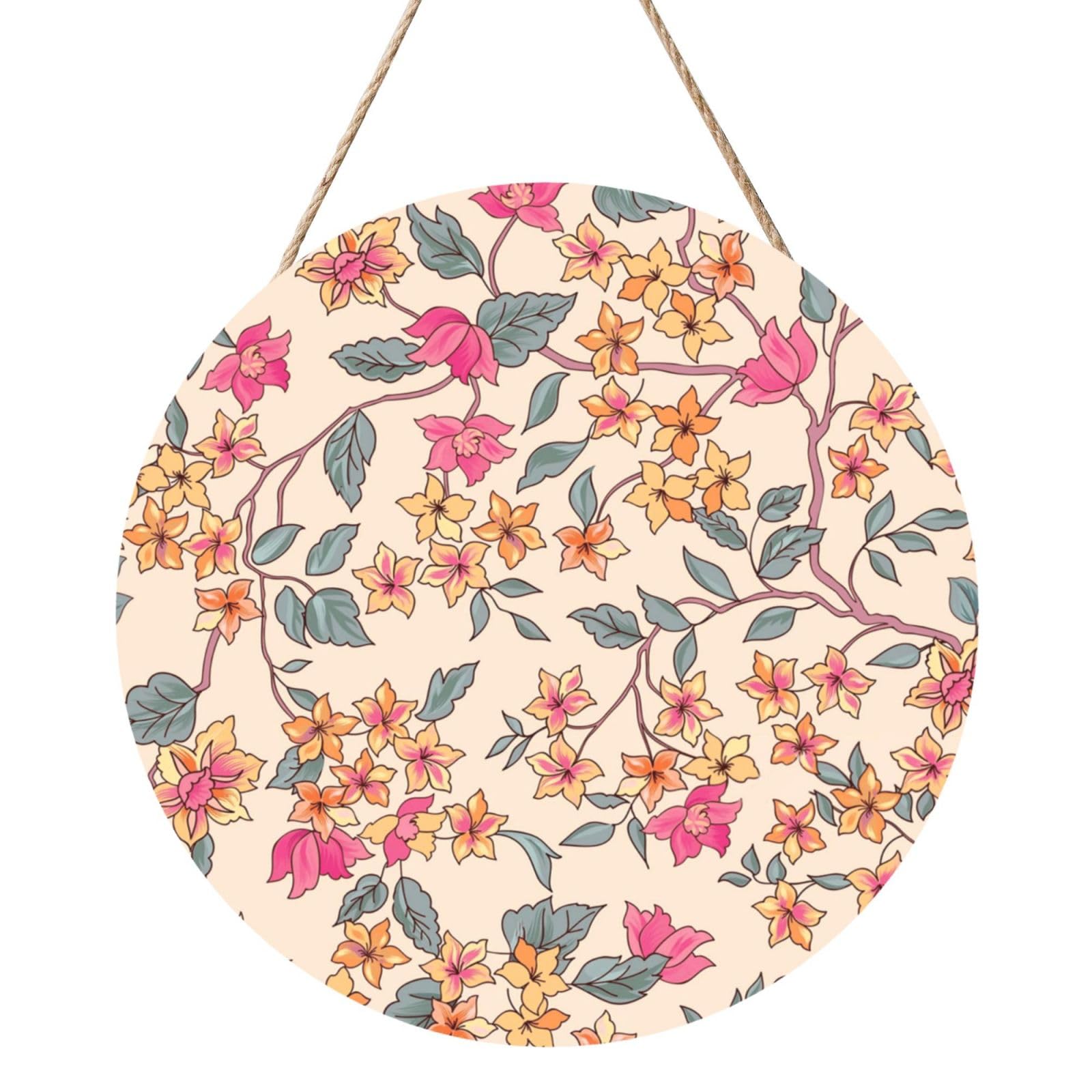 InOmak Floral Flower Background, Round Wood Panel Painting 12 in, Wall Hanging Painting For Home