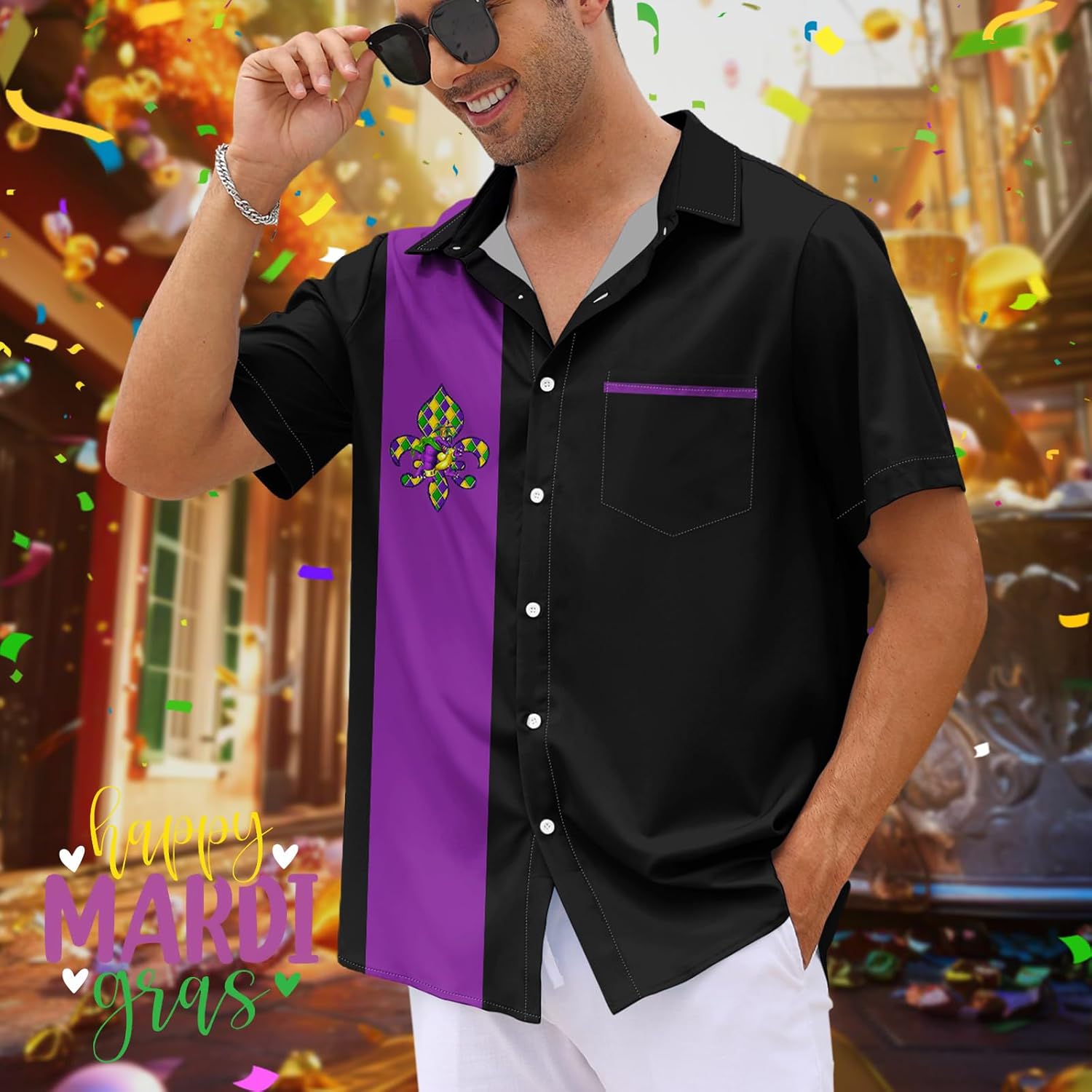 Purple Mardi Gras Shirt for Men Button Down Short Sleeve Hawaiian Shirts - Image 3