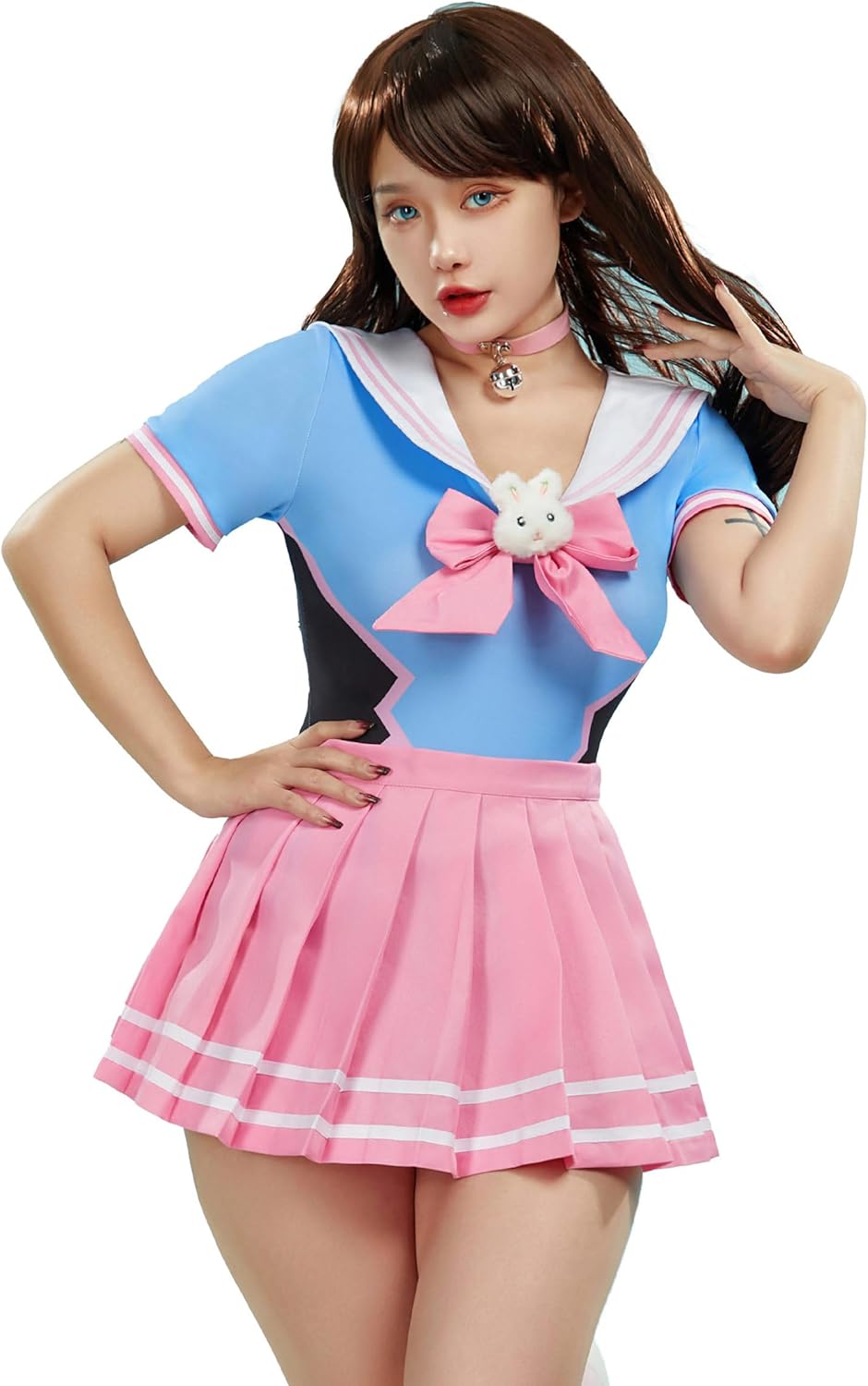 Mobbunny Women Bunny Bodysuit Skirt Set With Socks Romper Onesie Pajamas Button Crotch Daily Halloween