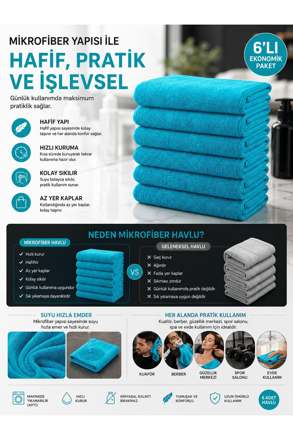 6'lı Paket Mikrofiber Kuaför Saç Havlusu Boya Tutmayan 50x90 Cm