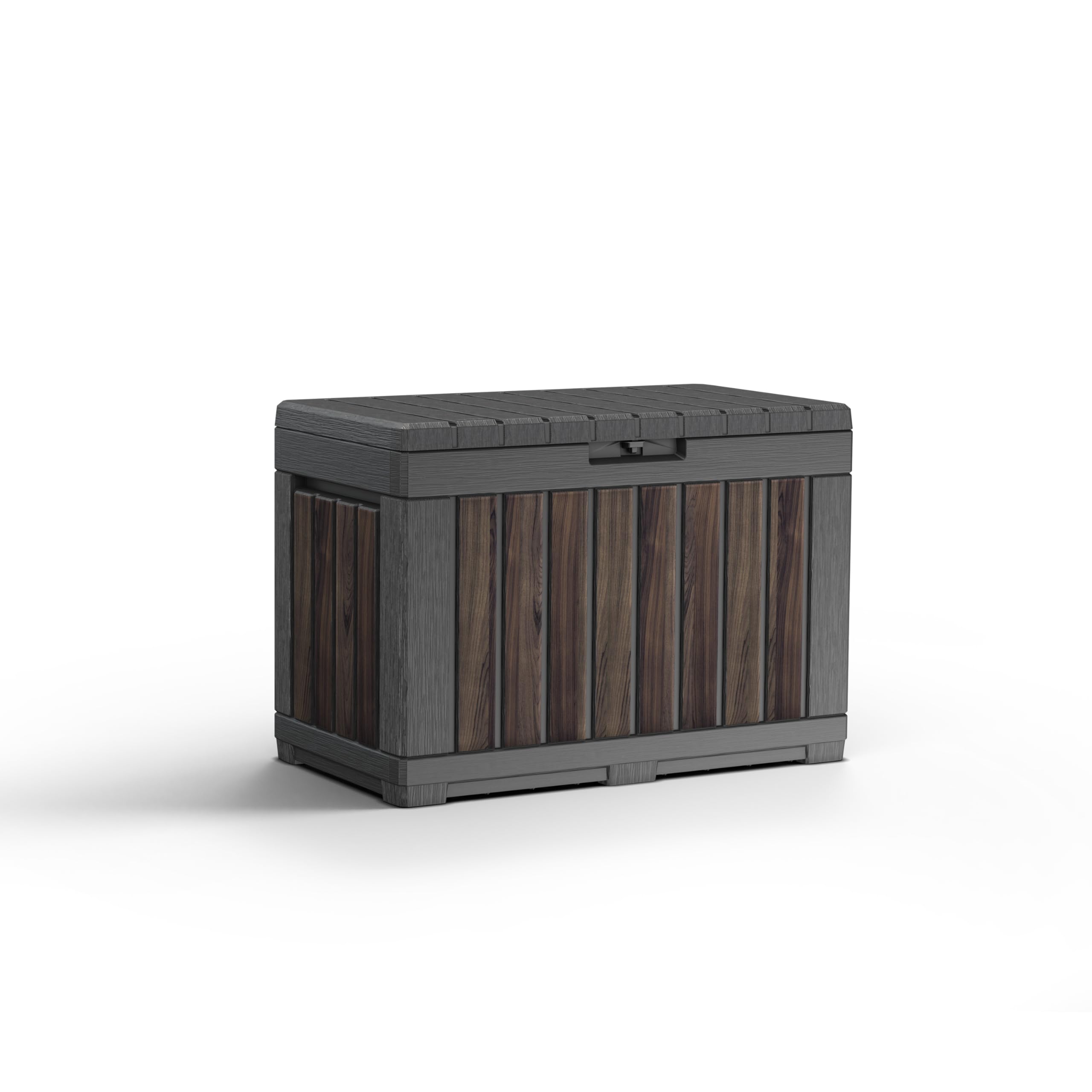 Keter Gartentruhe KENTWOOD 190L Decocoat – Wetterfeste Gartenbox in Rosenholzoptik mit Sitzfunktion – UV-beständige Aufbewahrungsbox, abschließbar, für Innen- & Außenbereich