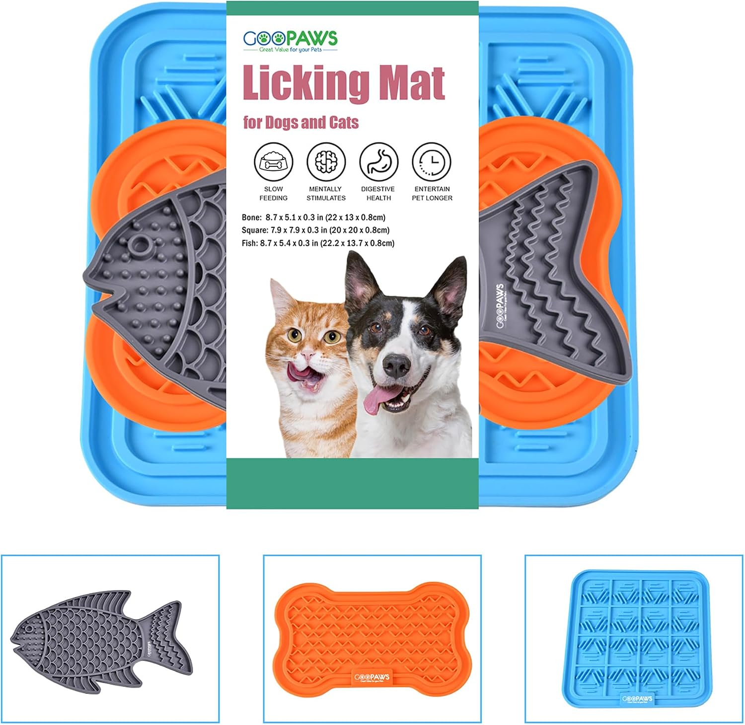 Licking Mat 3 Pack - Orange, Grey, Blue - Dog & Cat Slow Feeding Textured Pads, Food Grade Silicone, Spread Food & Treats, Pet Soothing