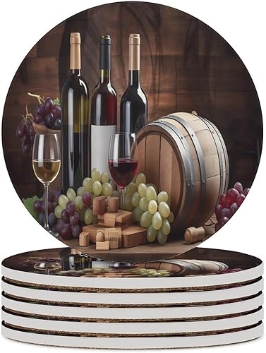 Miniatura 41 de Round-4 posavasos de cerámica para vino tinto, posavasos redondos absorbentes para bebidas, estilo vintage de madera, vino tinto, uvas, frutas y